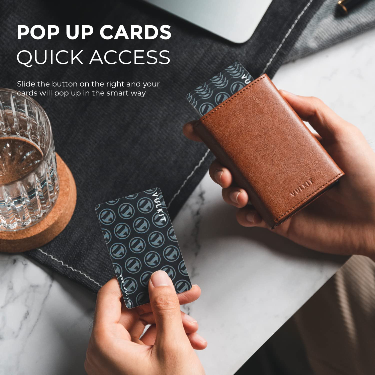 VULKIT Men's Card Holder Wallet Pop Up Wallet Magnetic Closure RFID Blocking Tri-fold Leather Wallet