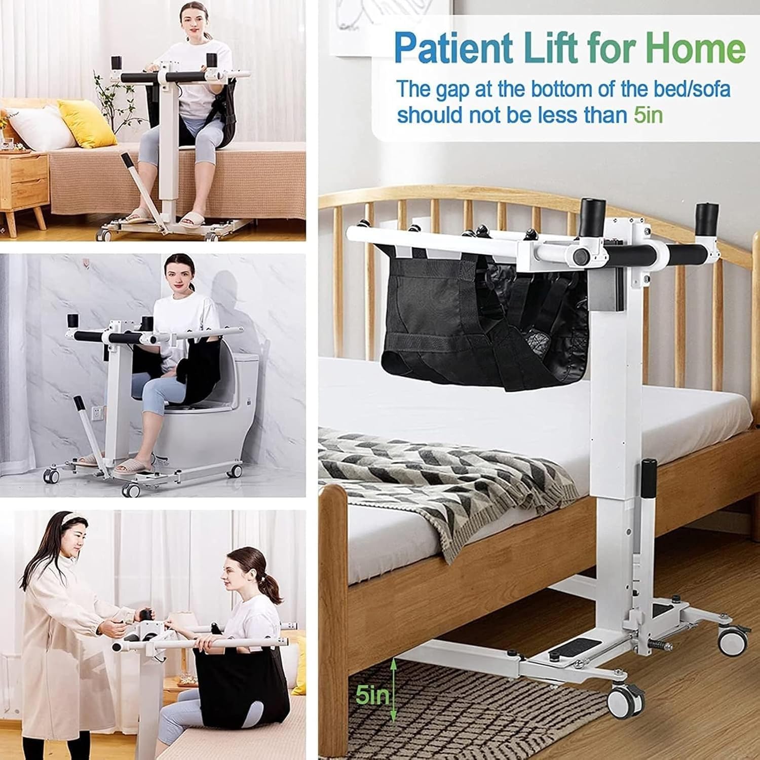 Sedia Sollevatore Pazienti 3-in-1 Pieghevole con Sedia a Rotelle Doccia e Aiuto Auto, per Anziani e Disabili, Opzioni Elettrico/Manuale, Base Regolabile e Cuscino Divisibile (Carico Max 290 lbs)