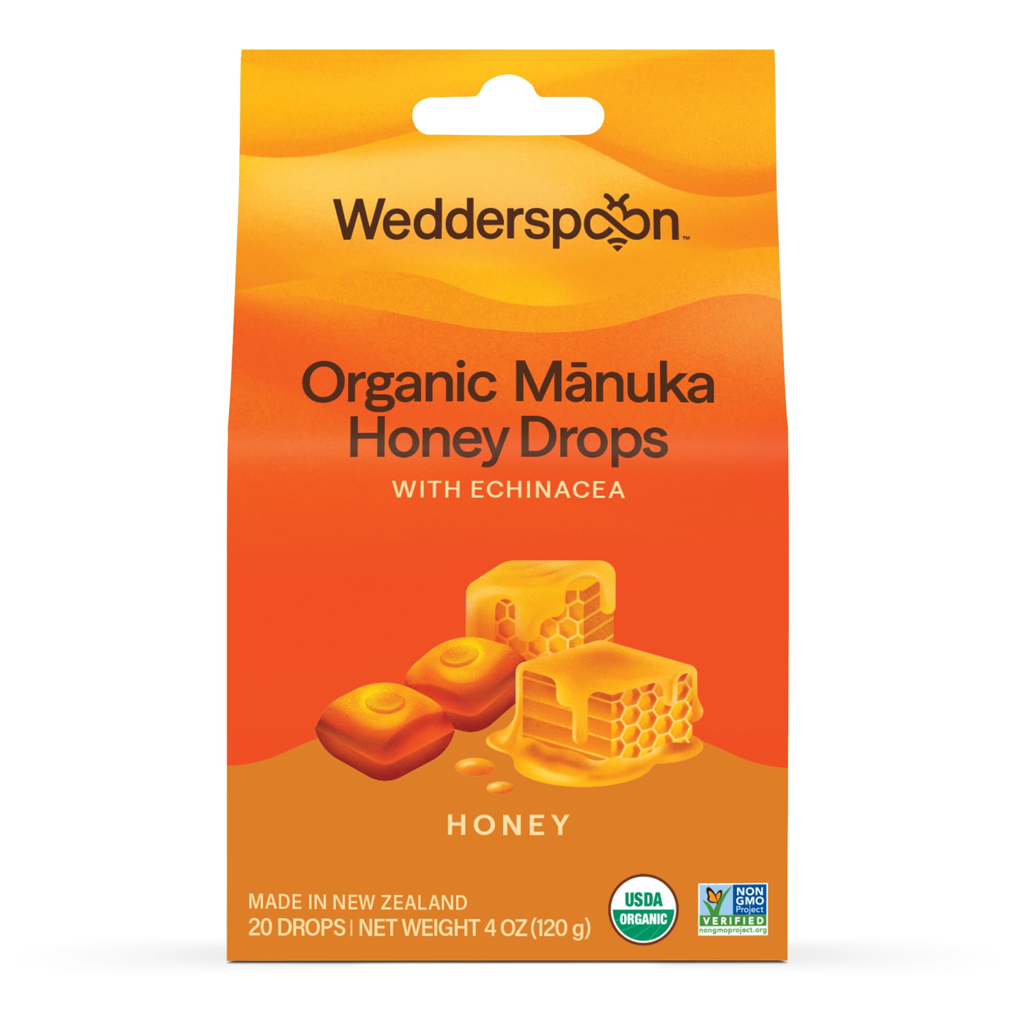 Organic Manuka Honey Drops, Honey & Echinacea, 20 Count (Pack of 1) | Genuine New Zealand Honey | Perfect Remedy For Dry Throats
