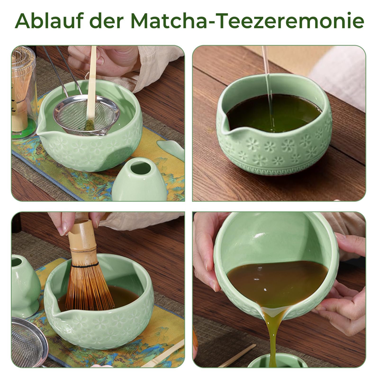 Souvik Matcha Set 7 Pezzi - Ciotola in Ceramica, Frusta Chasen, Cucchiaio di Bambù, Supporto e Accessori - Kit Matcha Tradizionale per Cerimonia del Tè - Ideale come regalo, casa o ufficio