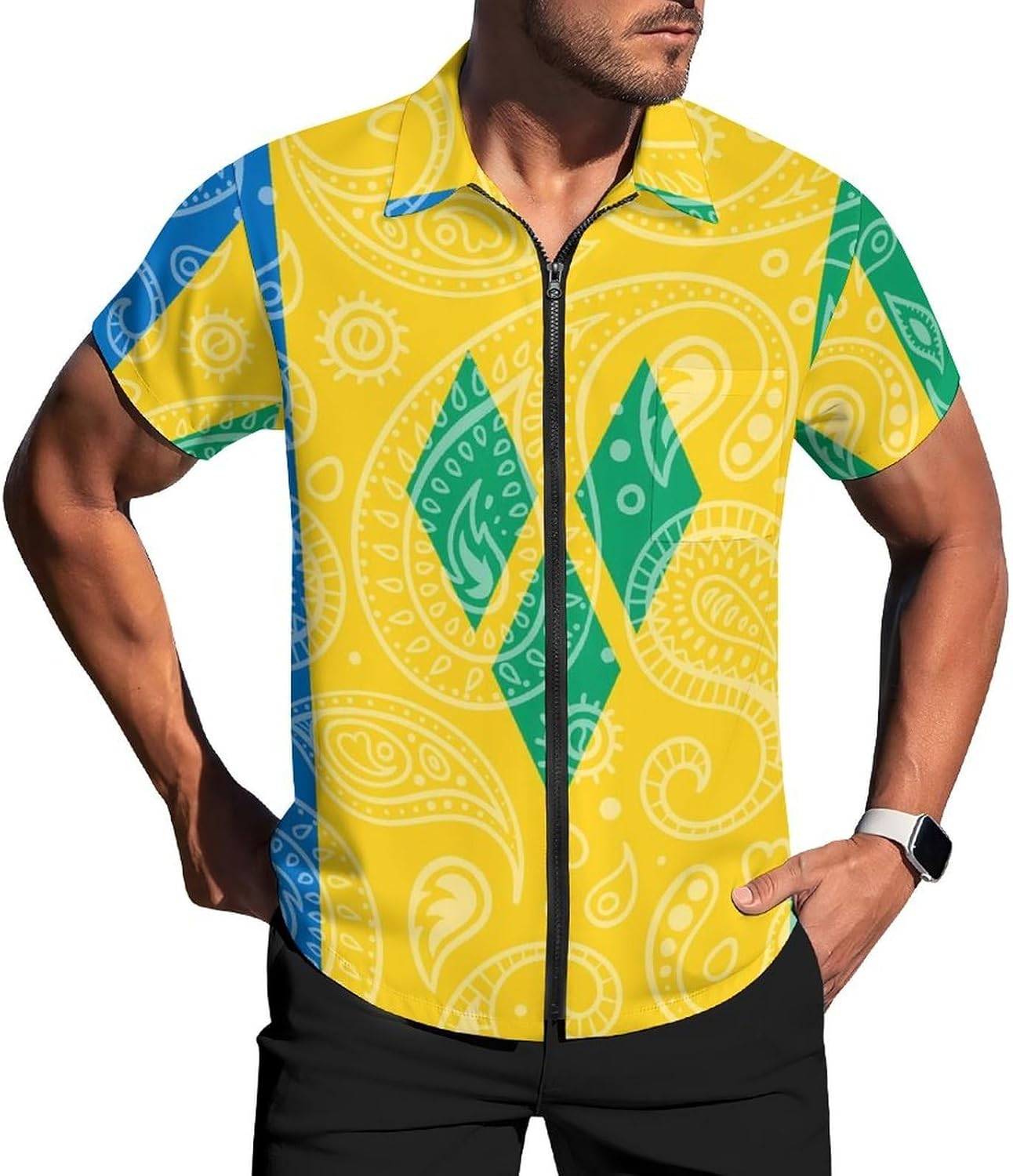 Paisley and Saint Vincent Grenadines Flag Men's Short Sleeve Shirt Zip-Up Golf Polo Shirts with Pocket