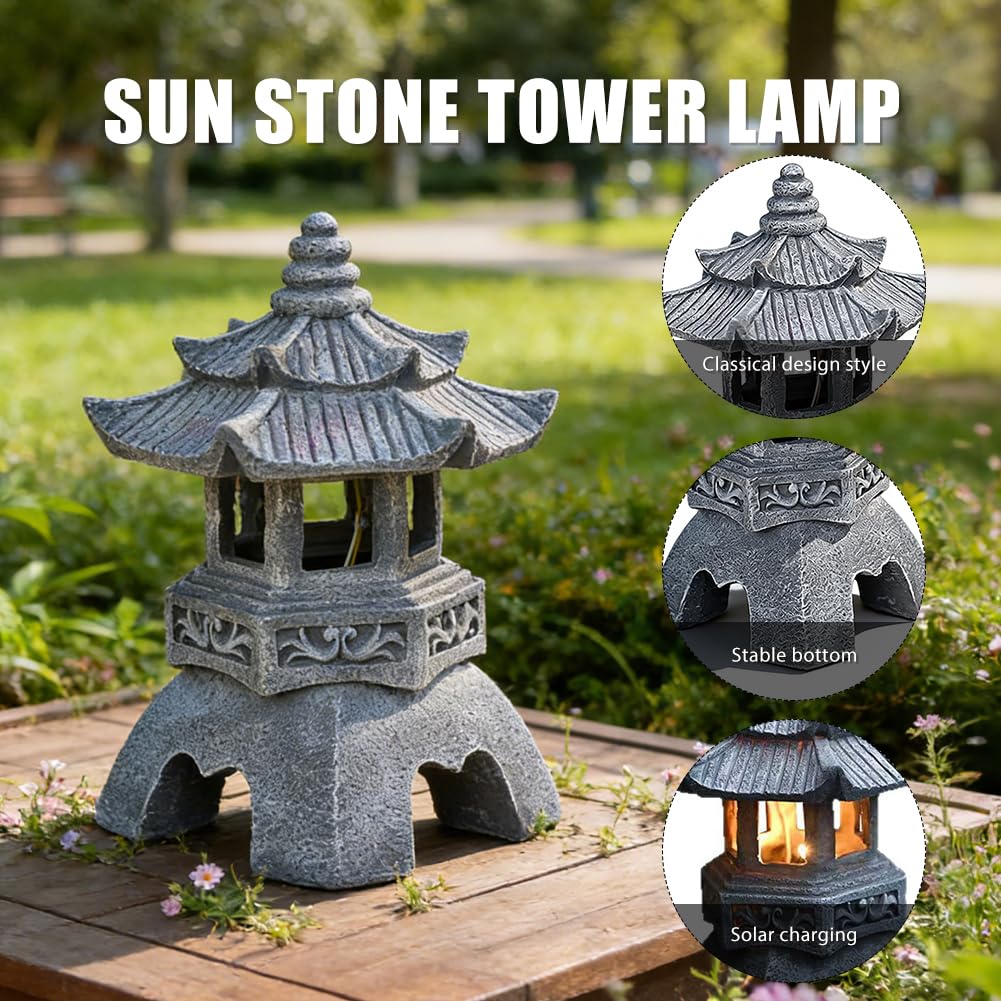 Lanterna in pietra giapponese da giardino, altezza 24 cm, lanterna solare a pagoda, lanterna da giardino giapponese in resina con illuminazione a LED solare per interni ed esterni, decorazione da