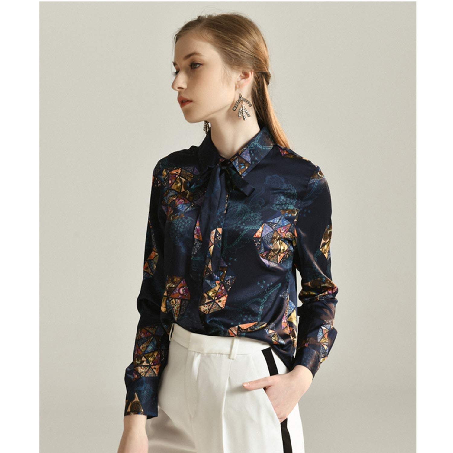 Camicia A Maniche Lunghe in Seta con Stampa Stelle, Top con Fiocco in Pizzo da Donna, Camicetta Elegante