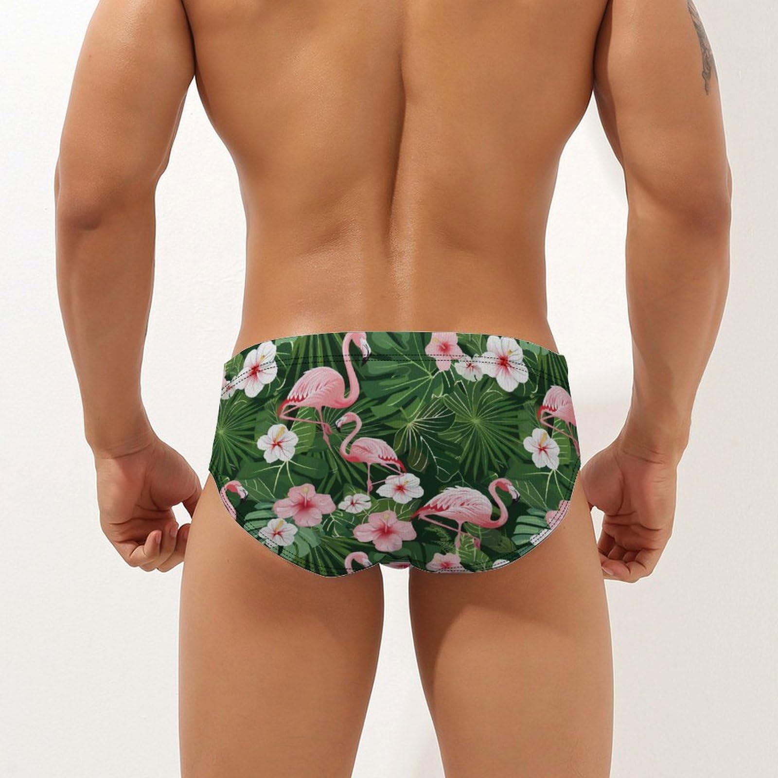 Flamingo Hibiscus Flowers Palm Leaves Mens Swim Briefs Bikini Swimwear Print Beach Shorts Sexy Swimsuit L