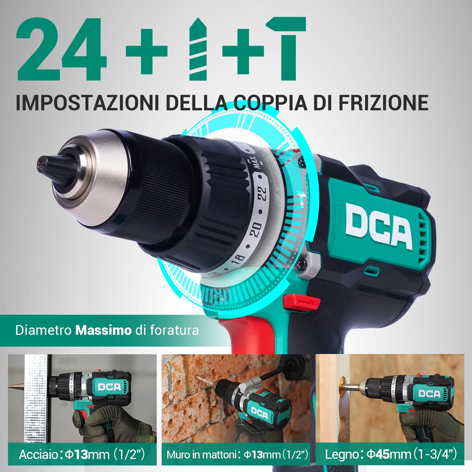 DCA Trapano Avvitatore A Percussione Brushless 20 V, 120 Nm, Mandrino Metallo 13 mm, Frizione 24+1+1, 32000 Colpi/min, Con 2 Batterie 4,0 Ah Per Mattoni, Metallo E Legno