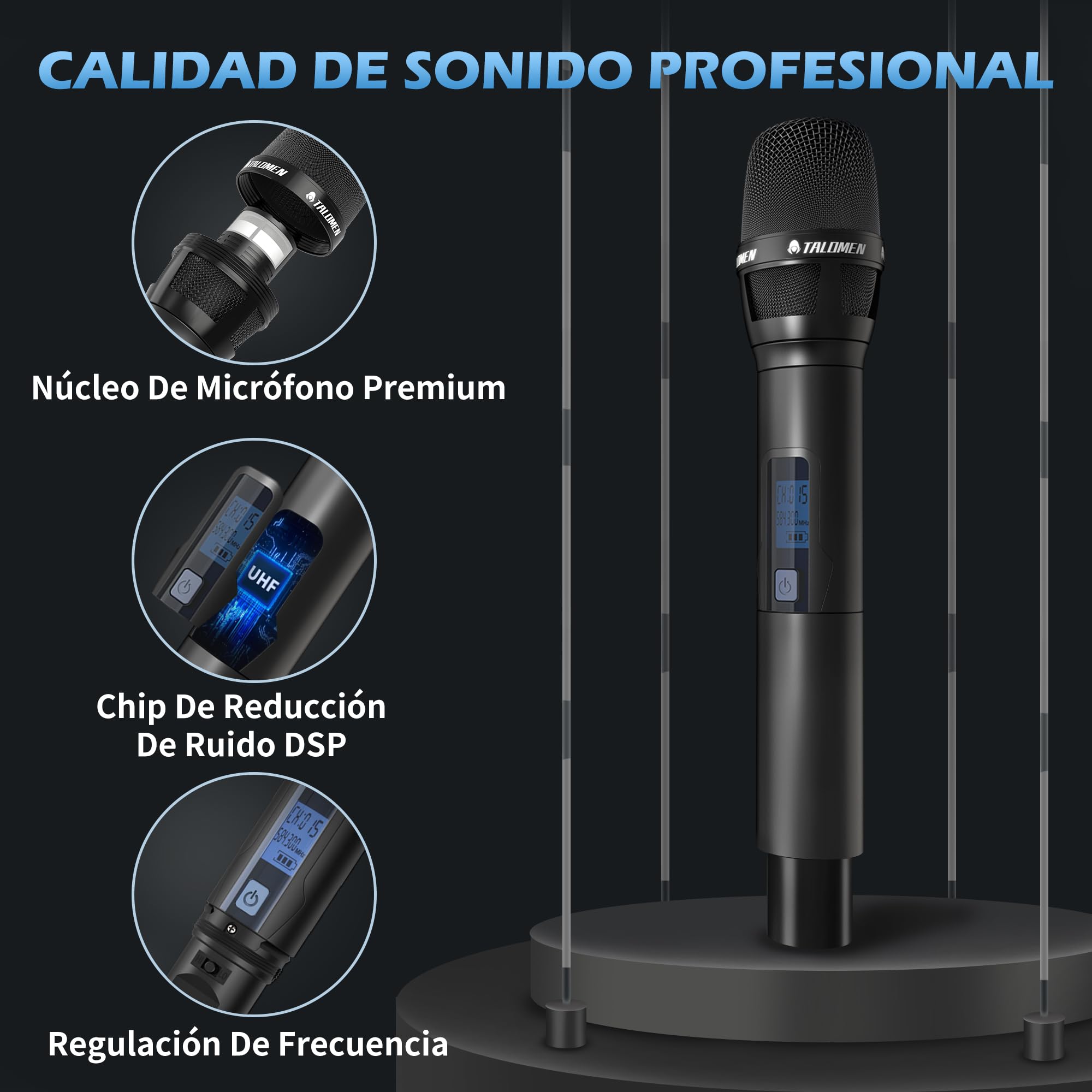 talomen Micrófono Inalámbrico UHF, Set de 2 Micrófonos Dinámicos de Mano de Metal, Auto Scan, Alcance 120 m, Receptor de Doble Canal, Ideal para Canto, Karaoke, Fiestas, DJ, Iglesia – K120 Negro