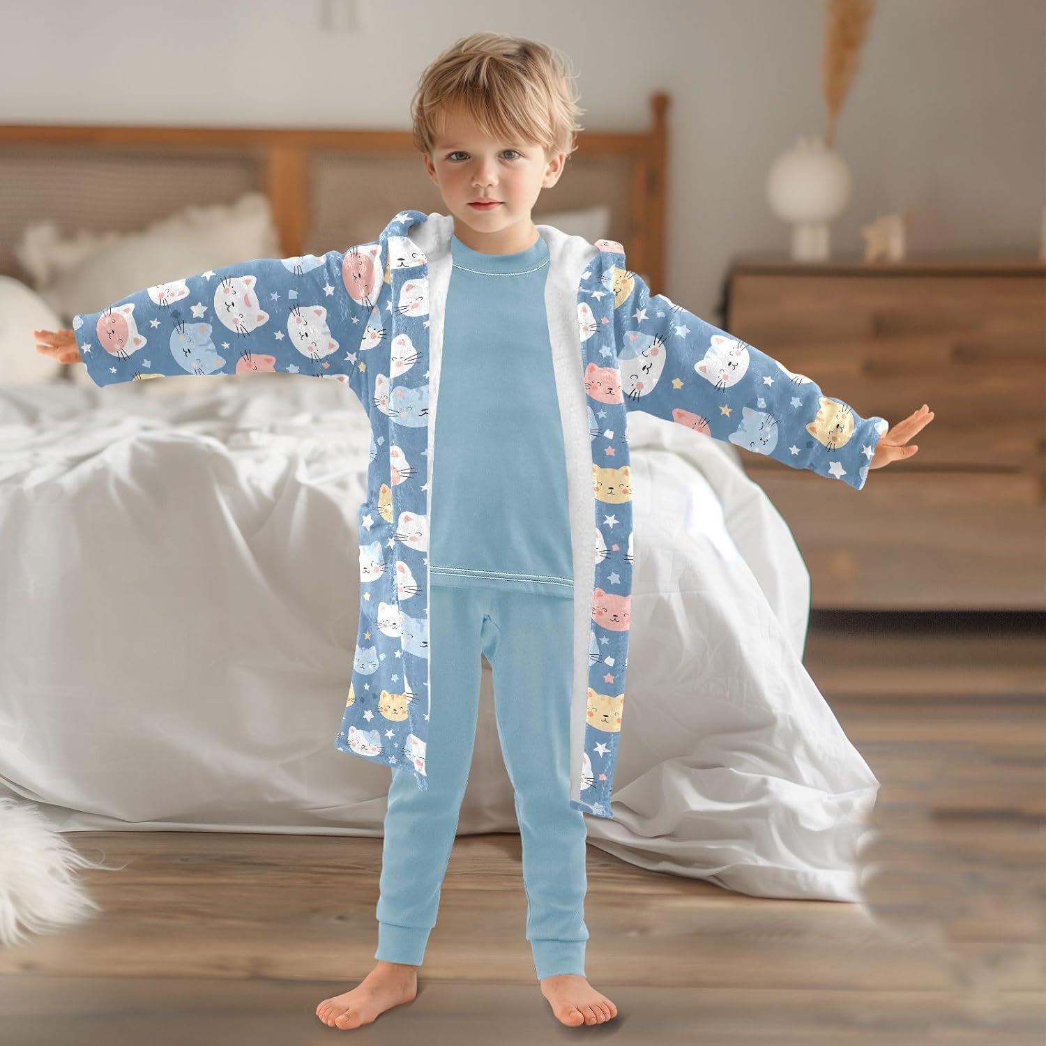 senya Summer Cute Cats Toddler Hooded Bathrobe Kids Soft Plush Bath Towel Robes for Boys Girls 2-12 Years