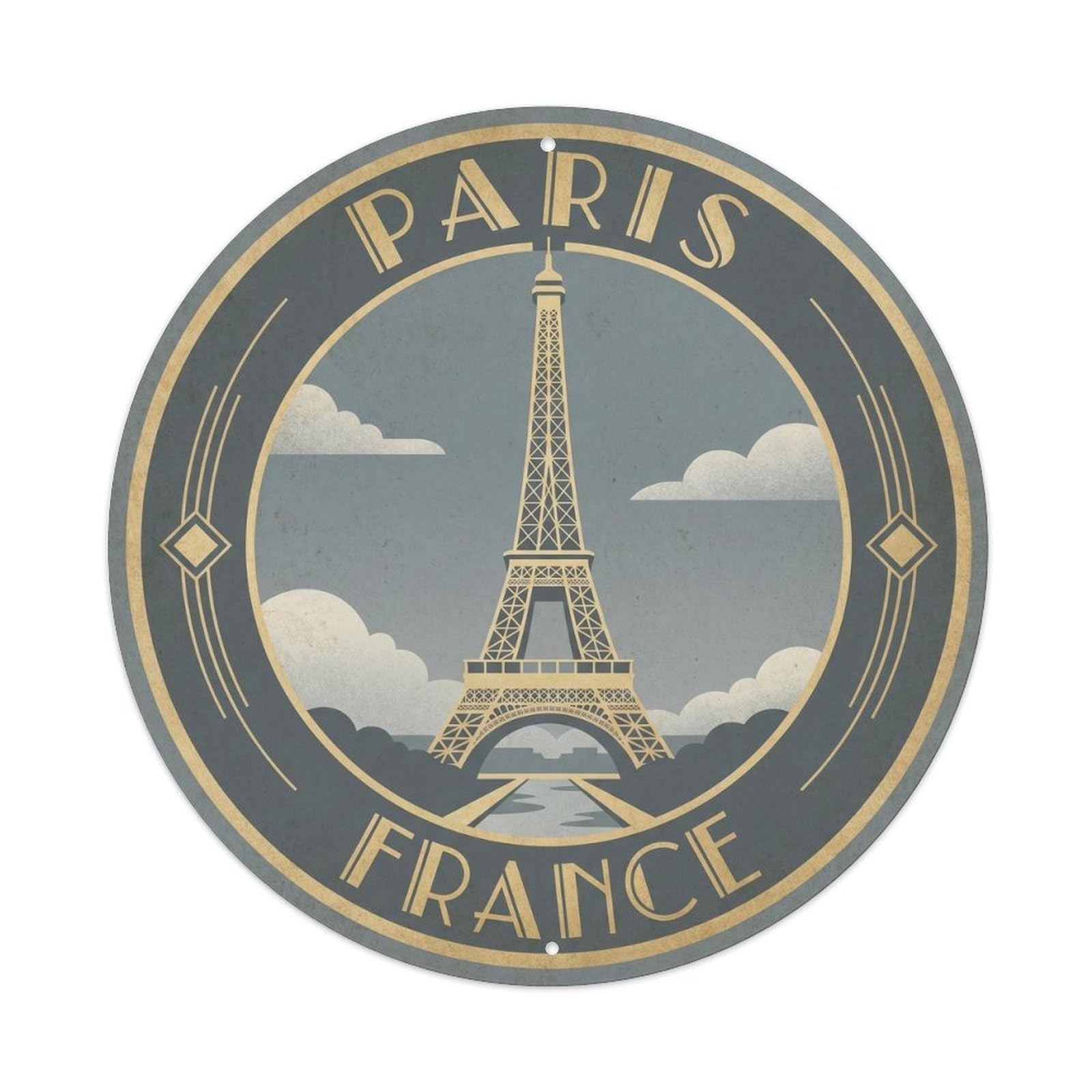 Vintage Travel France Paris Circle Vintage Metal Tin Sign Plaque Wall Decor for Cafe, Club Bar, Office, Garden Metal Poster 8x8Inch
