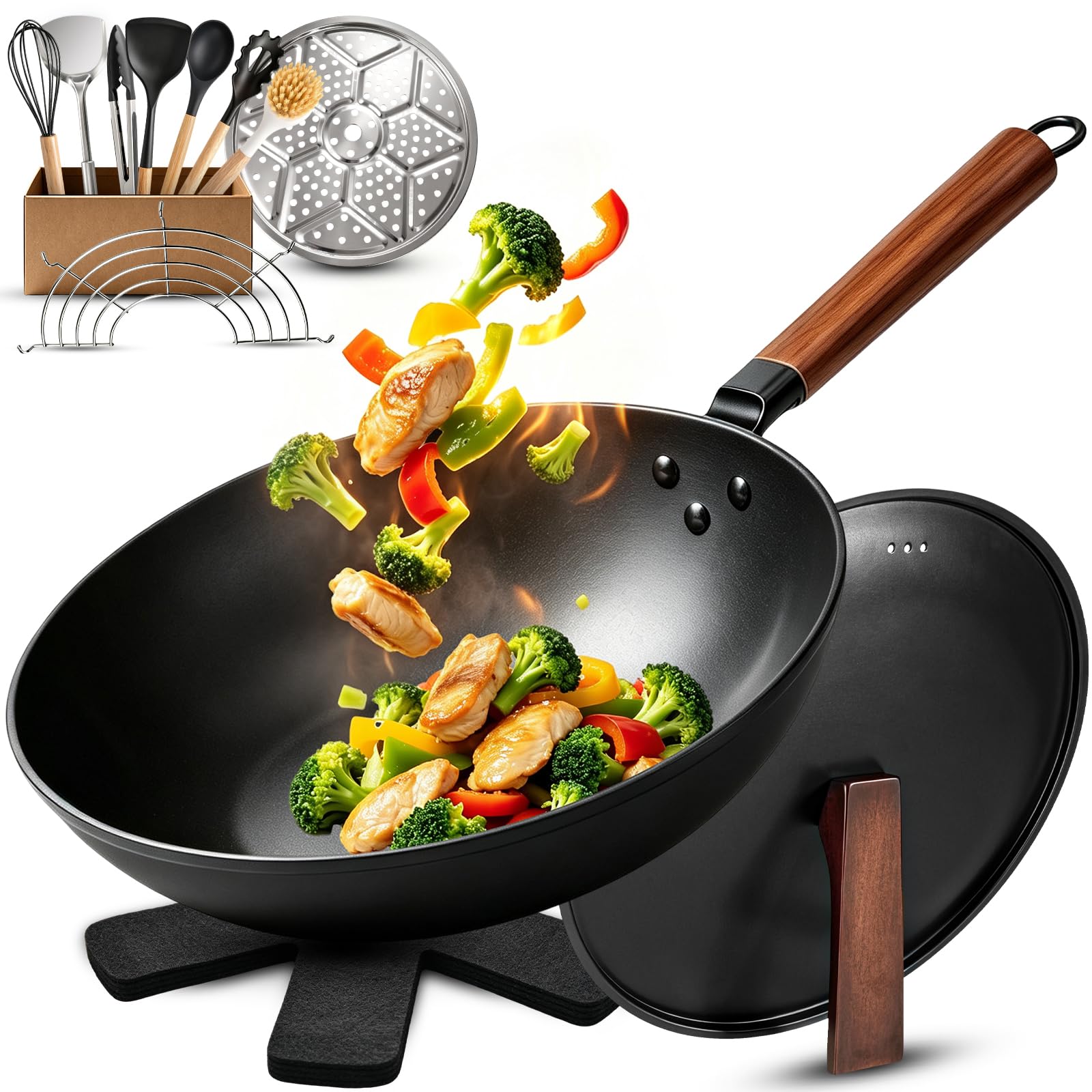 AOSION 13'' Carbon Steel Wok, 12 Piece Wok Pan & Stir-Fry Pans Set with Lid