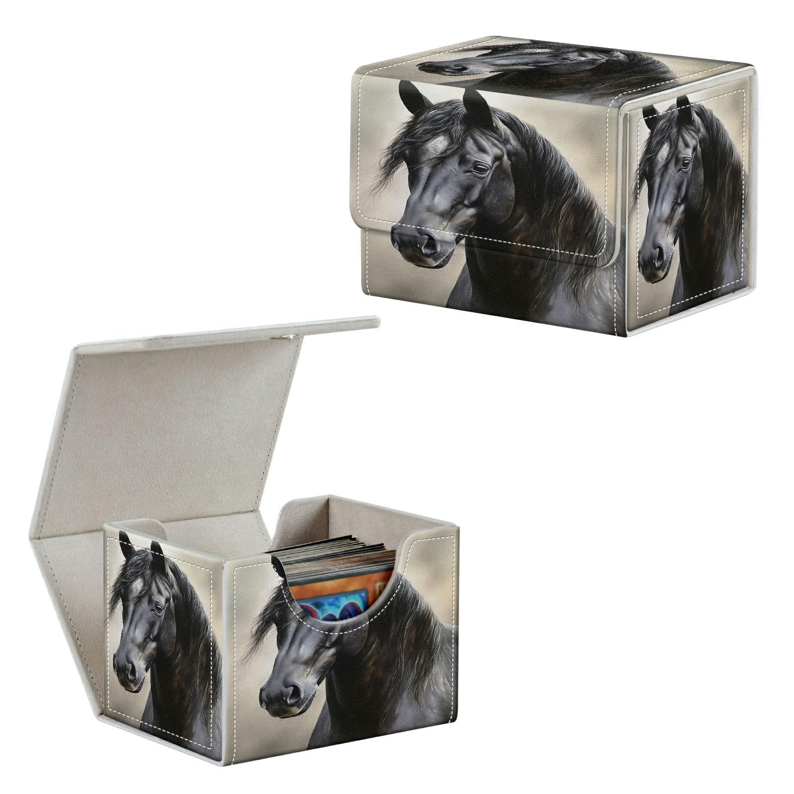 Amazon.com: HEAKIERG Black Horse Card Deck Box Organizer, 100+ Sleeved Cards  Deck Case For Trading Cards, Leather Magnetic Closure Commander Deck Box  Holds Magnetic Card Storage Box Fits for MTG TCG CCG :