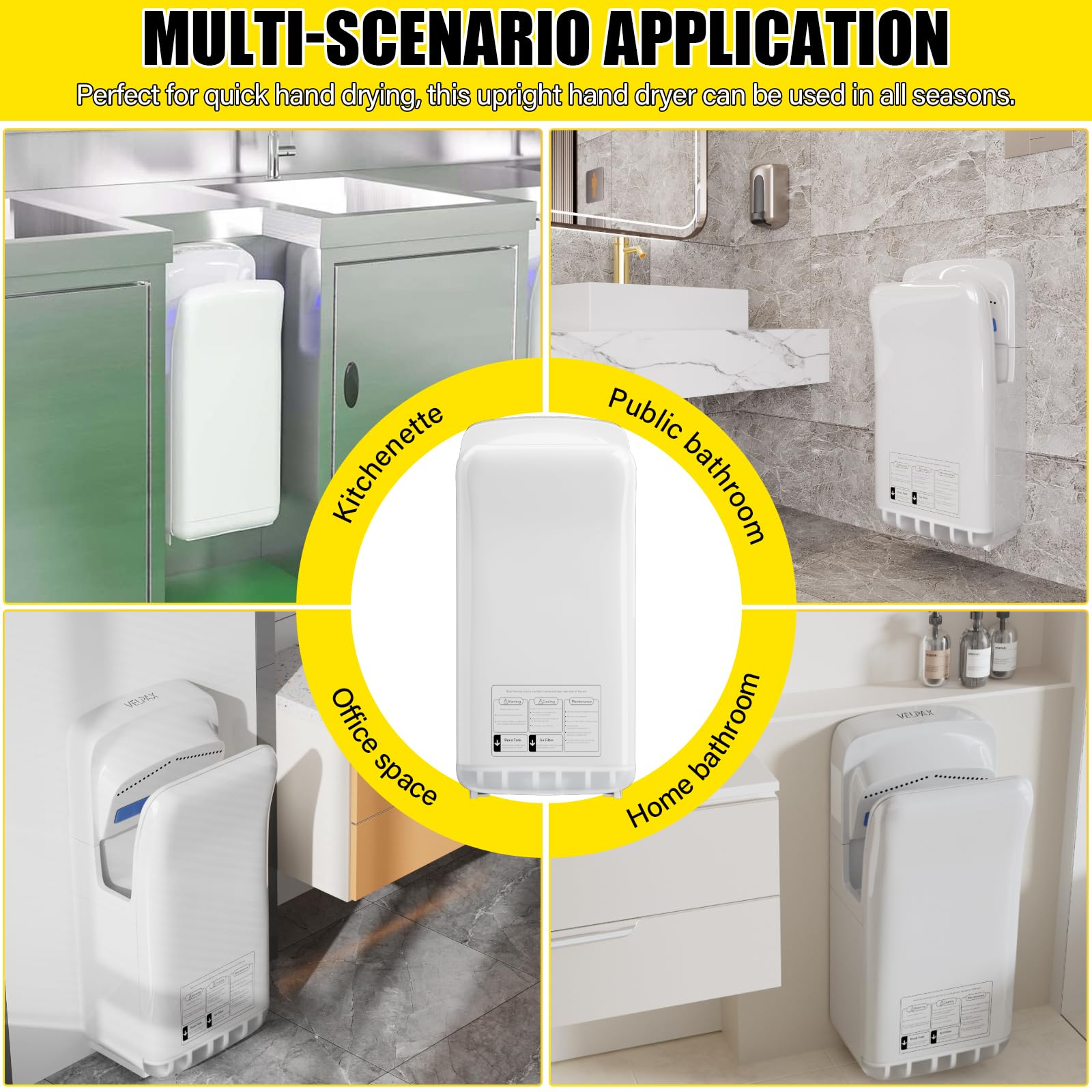 VELPAX 2000W sèche-Mains,sèche-Mains électrique Commercial,avec AEPH Filtre,10-12 Secondes pour sécher,Convient aux salles de Bains publiques, aux Cuisines et aux Bureaux