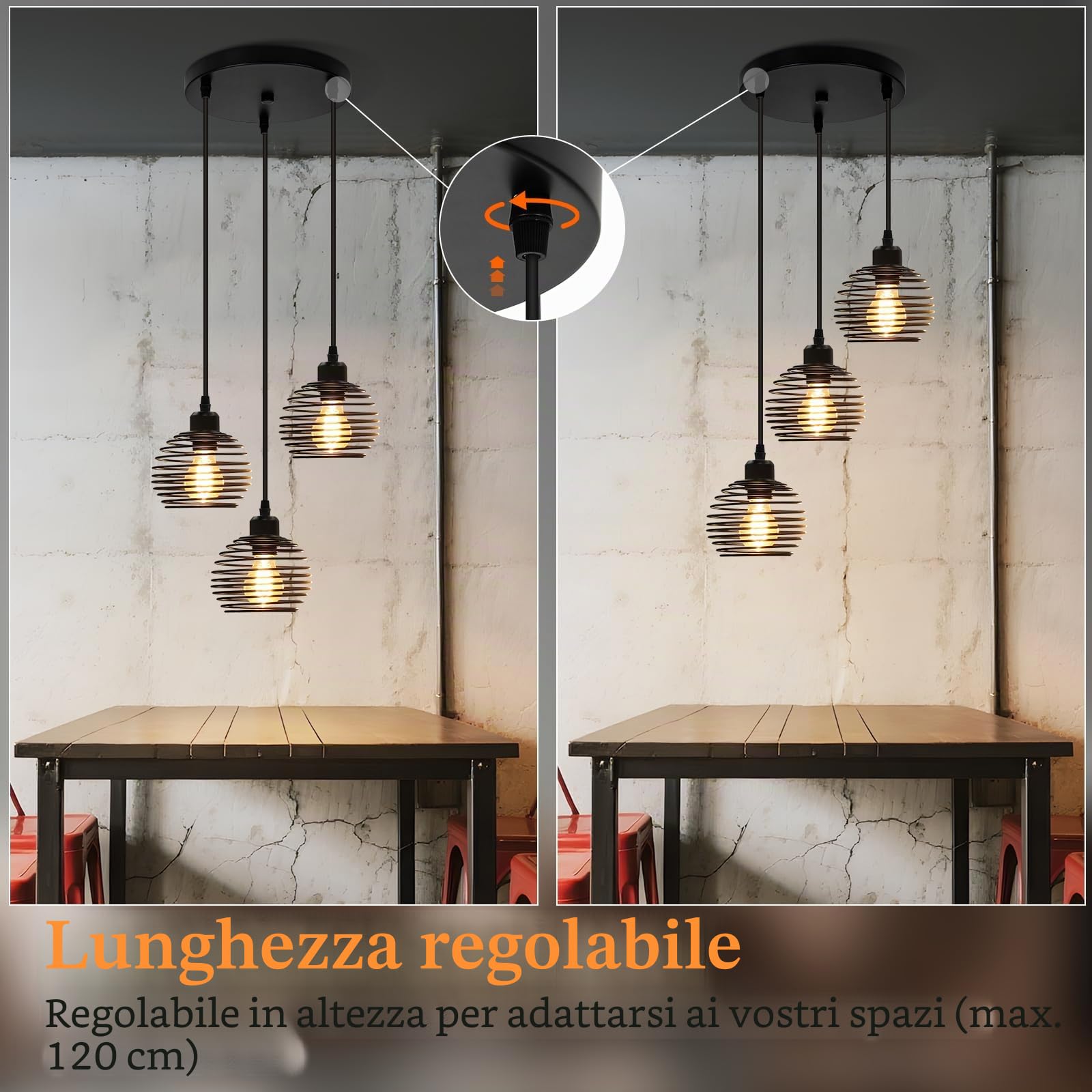 ZMH lampada a sospensione vintage lampadari industriale - Lampadario nero con paralume in metallo lampada da tavolo da pranzo con 3 lampadina E27 illuminazione per salotto