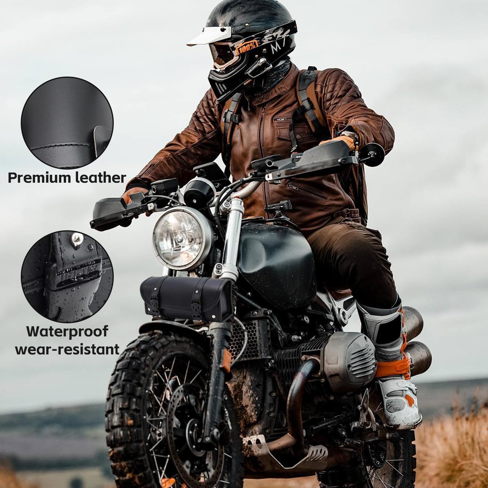 Torba na narzędzia motocyklowe, ze skóry PU, wodoszczelna czarna torba w stylu retro, torba na kierownicę z 2 regulowanymi paskami, na kierownicę, widelec i ramę