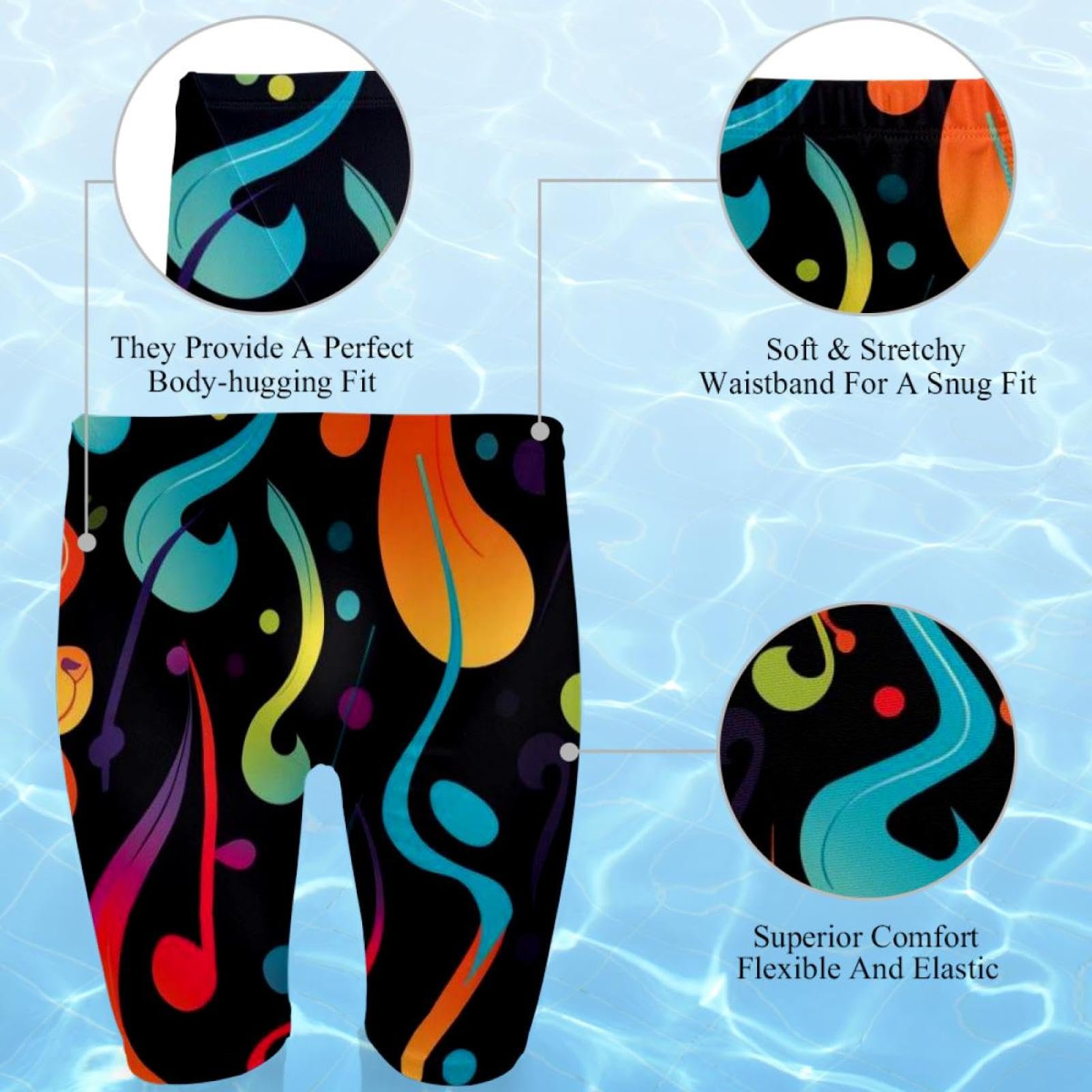 Colorful Music Notes Swimsuit for Men & Boys,Competition Lap Swim Suit, Square Leg Endurance Training