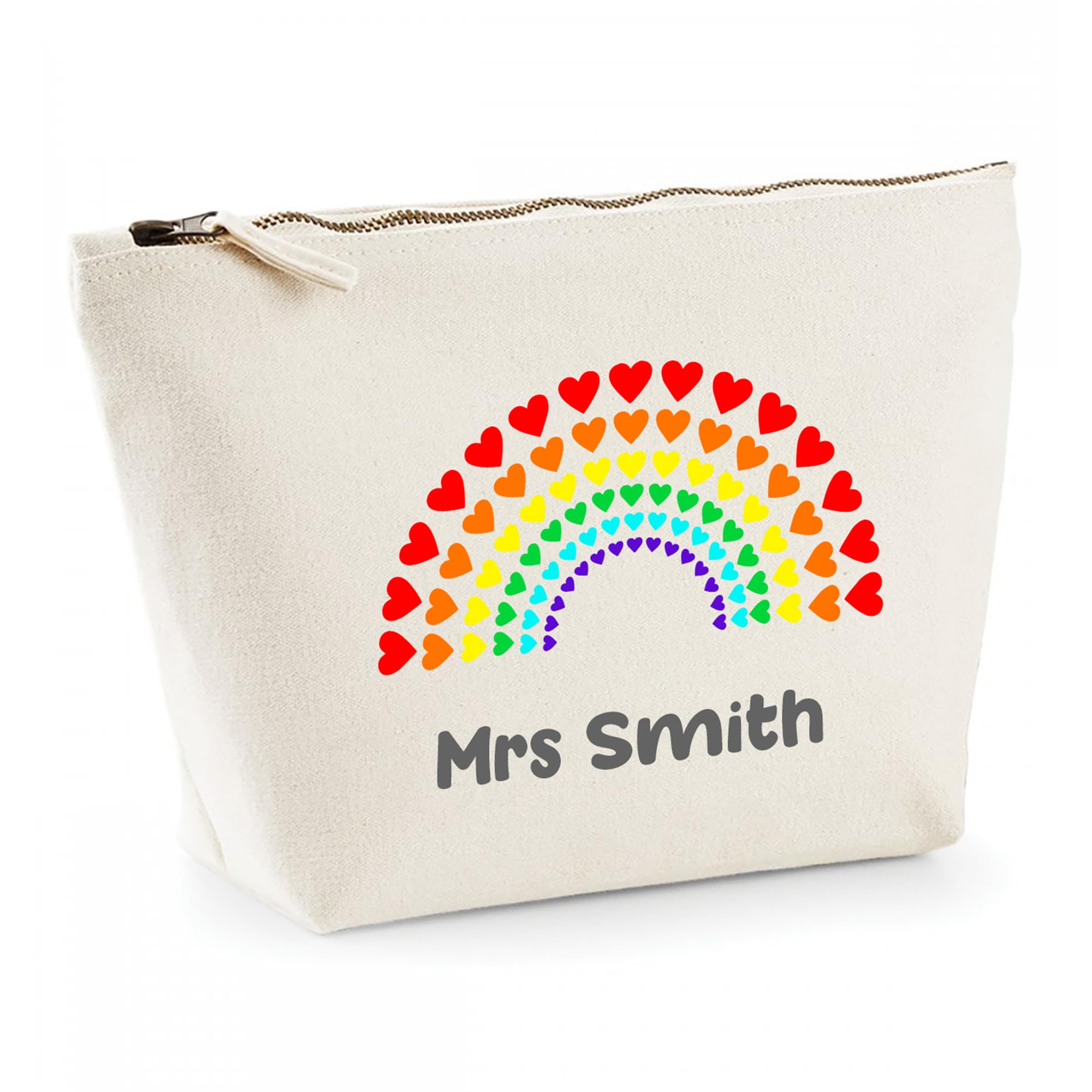 Personalised Teacher Gift - Custom Name Rainbow Heart Pencil Case - Colourful Zip Canvas Bag for End of Term Present - Nursery, SEN or School Staff Thank You Pouch