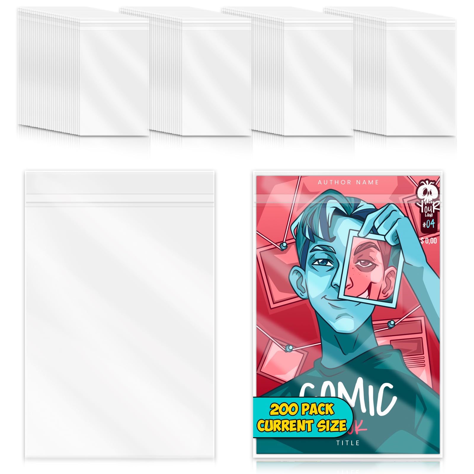200 Pack Modern Comic Bags Current Size Resealable Comic Book Sleeves Transparent 6.88x10.5 inch Comic Book Storage 3cm Clear Single-Sided 5μm PP