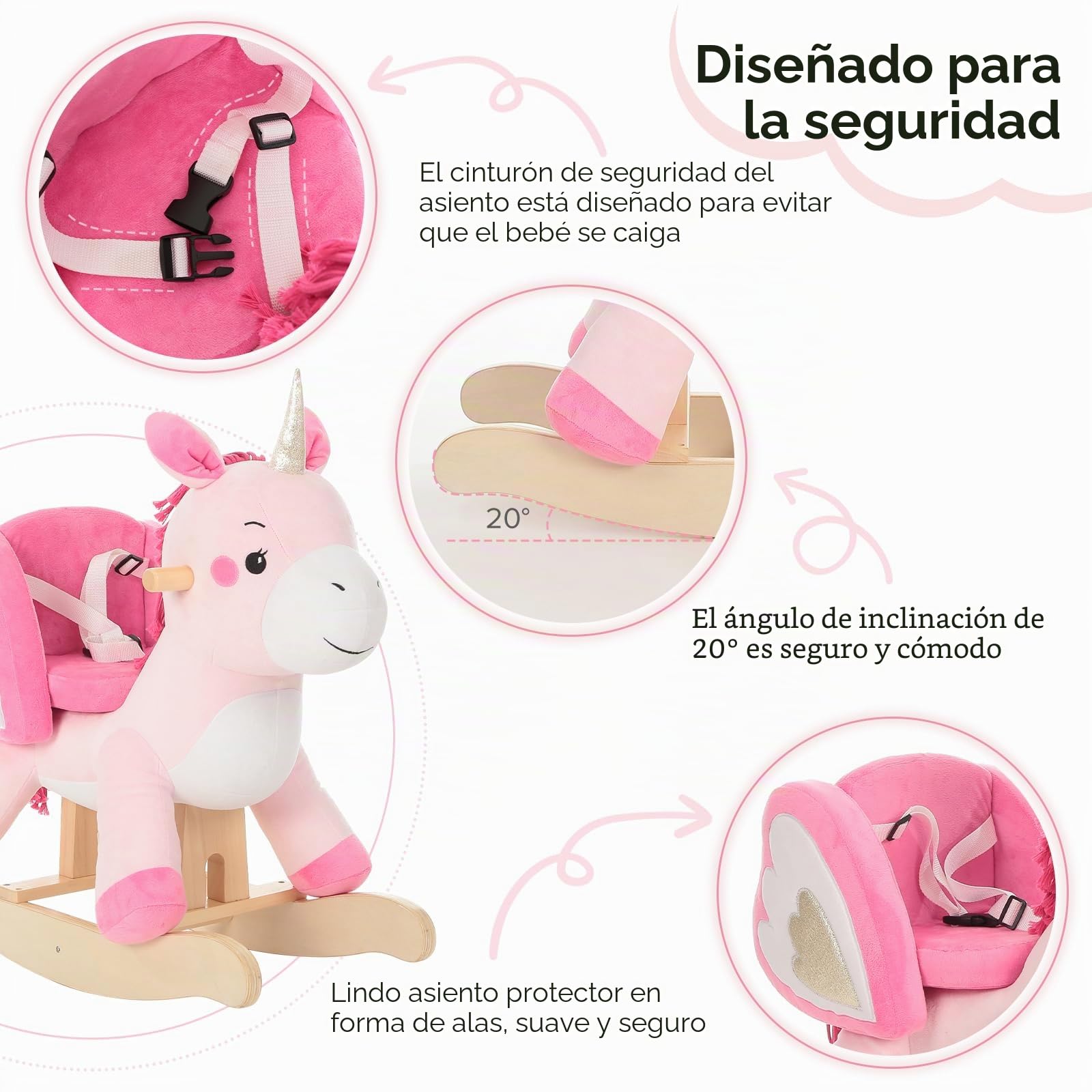 Labebe - Unicornio Rosa Mecedora Caballo Balancín para Niña 1-3 Años, Juguete de Madera y Peluche con Columpio