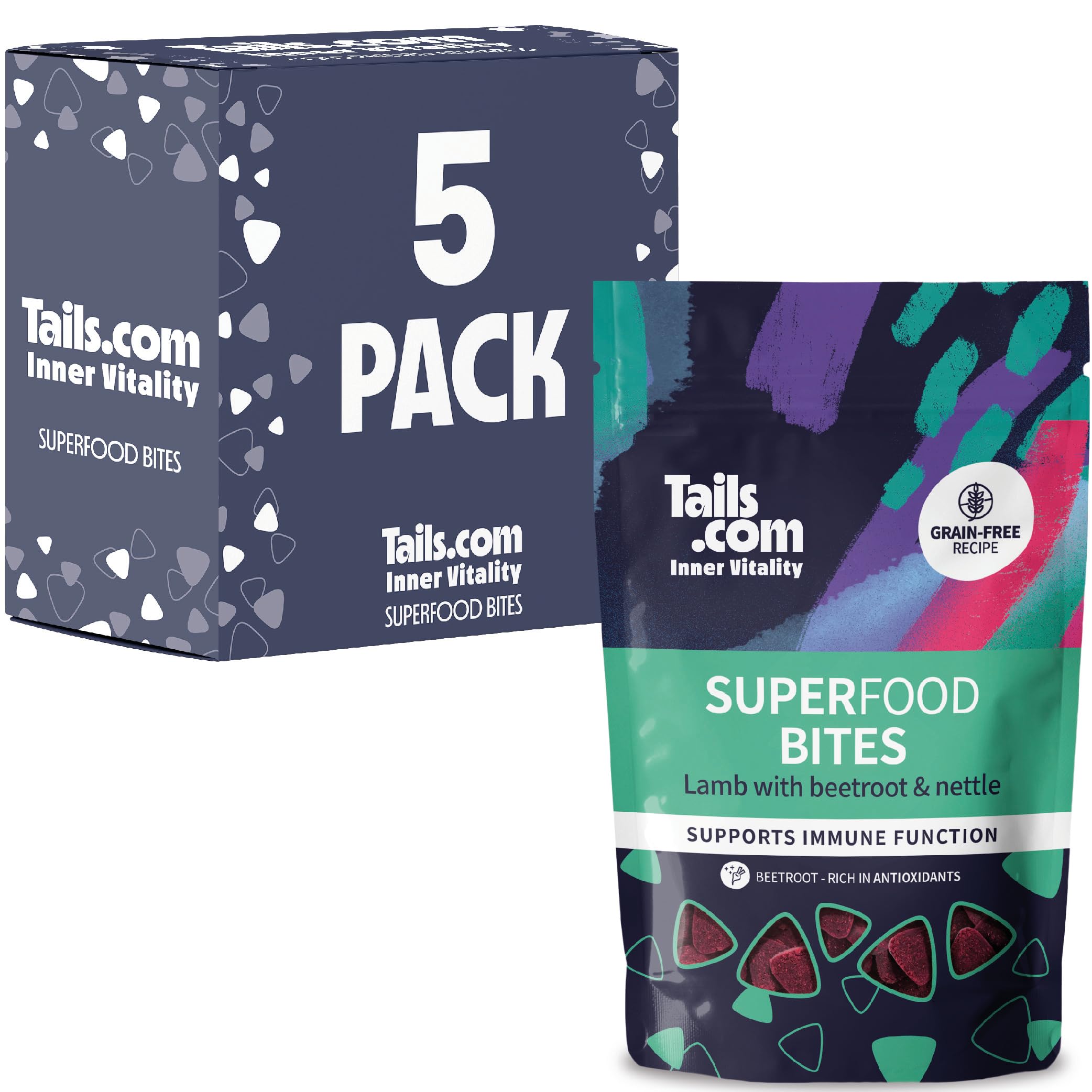 Tails.com • Dog Treats 5 x 80g • Superfood Bites 27% Lamb • Grain Free Recipe • No Artificial Colours or Flavours • Low Calorie Snacks • Rich in Antioxidants from Beetroot
