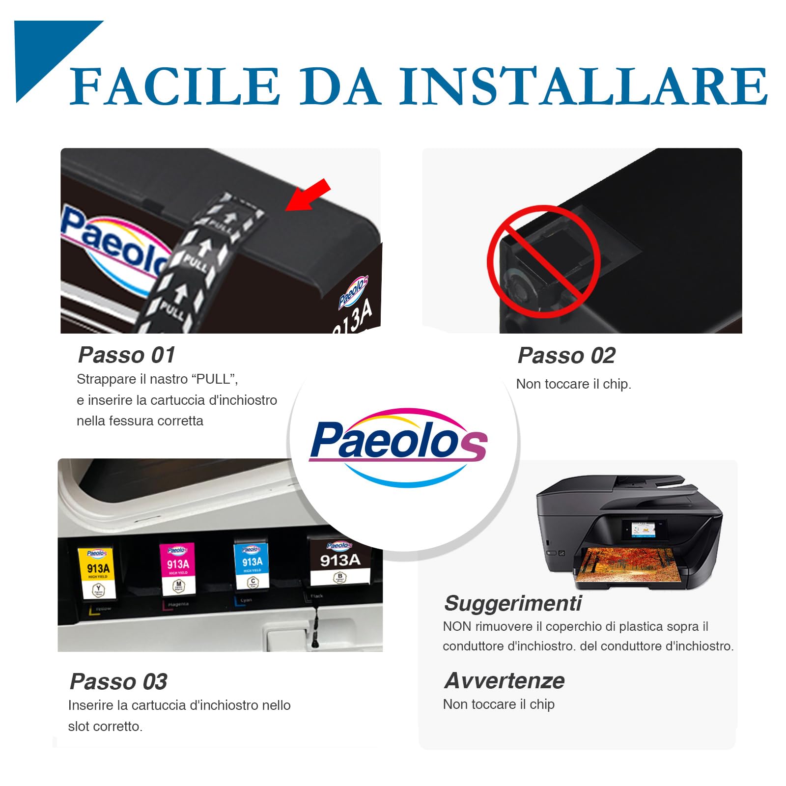 paeolos 913A Cartucce per stampanti Ricambio per 913A Nero Ciano Magenta Giallo Multipack per PageWide 377dw 477dw 452dw 352dw 452dwt 477dn 477dwt 552dw 577dw 577z (4 Pezzi)