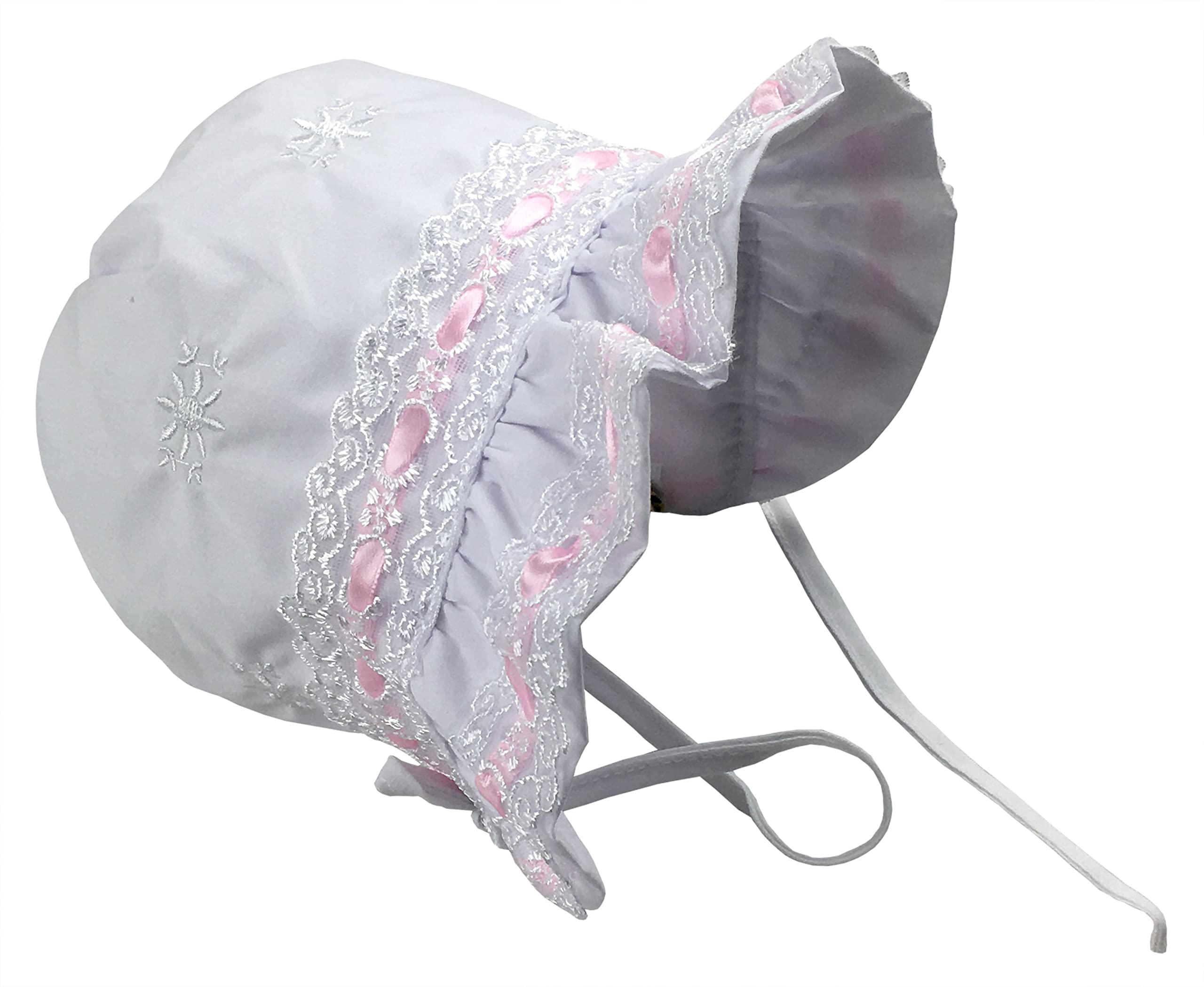 N'Ice Caps Mädchen Babysommerhut Weiß Bestickt mit Spitze und Rosafarbene Schleife