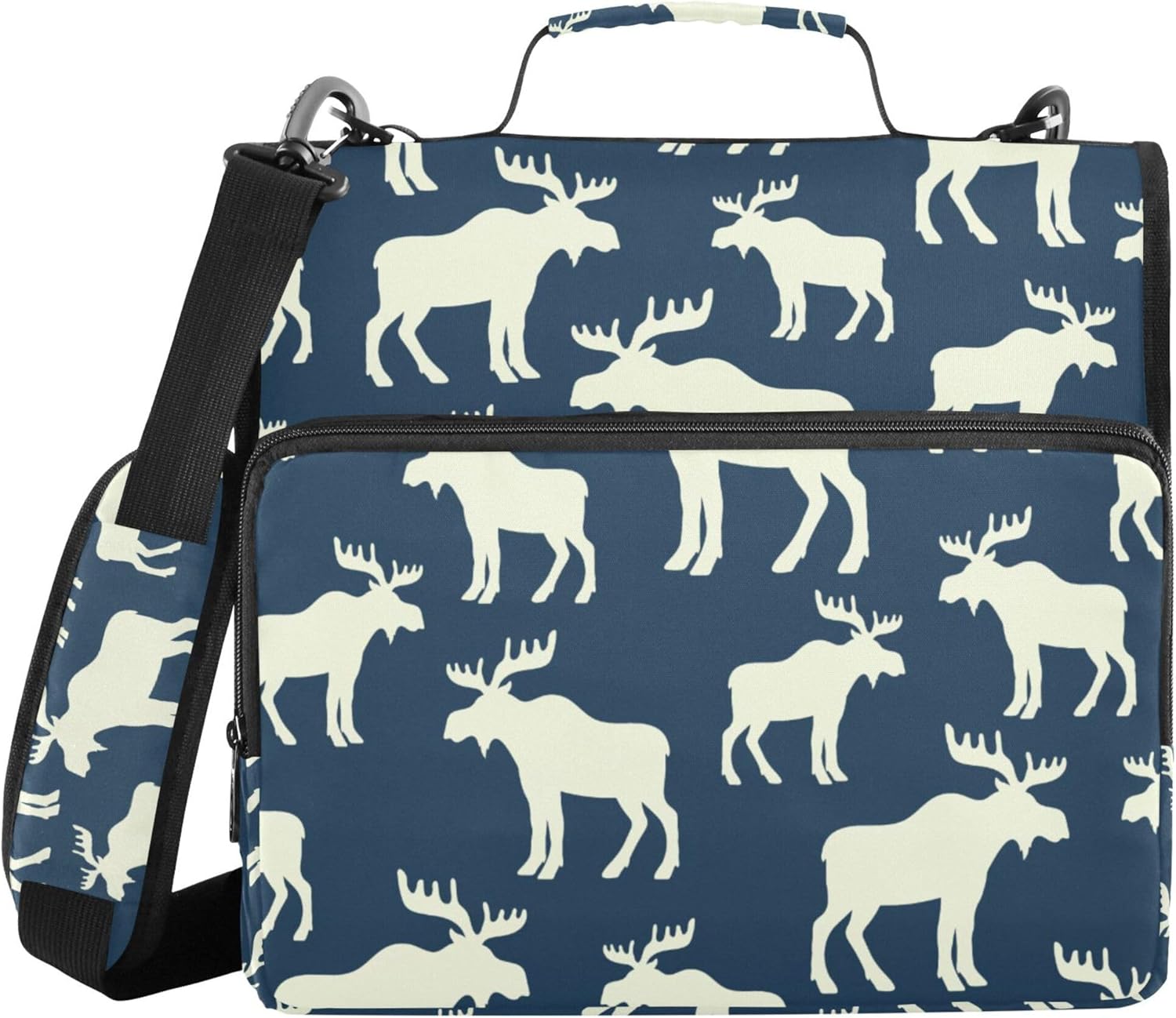 Fisyme Winter Deer Moose Zipper Binder 3 Ring with Zipper and Shoulder Strap Large Capacity Multi-Pocket Zipper Binder Organizer