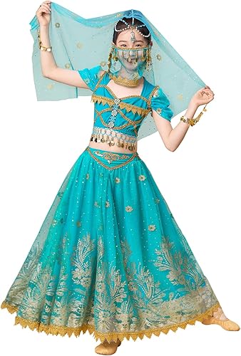 Miniatura 2 de ELLYDOOR Disfraz de princesa de jazmín para niñas, disfraz de Aladdin, Halloween, cosplay, fiesta, traje de danza del vientre