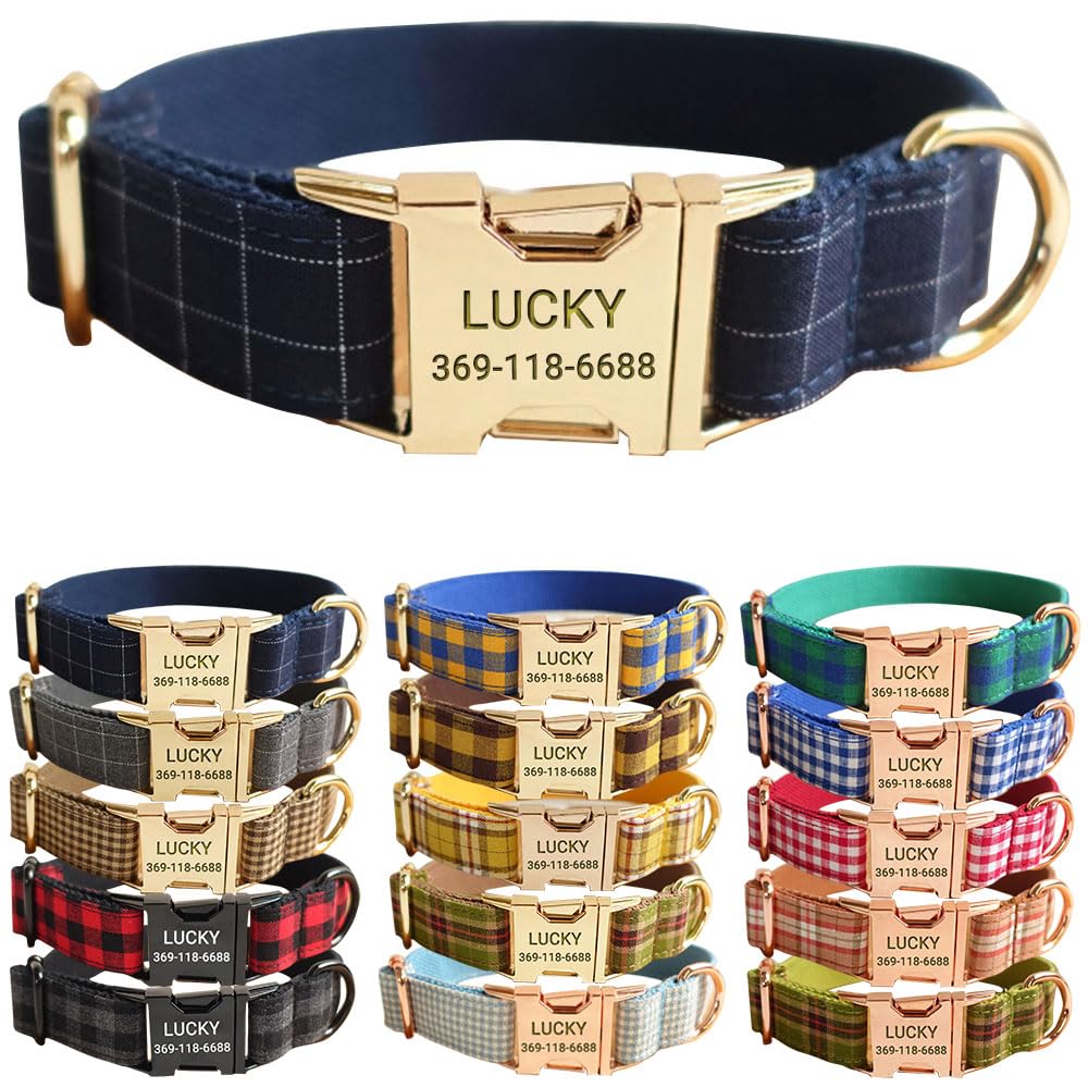 PETDURO Personalized Windowpane Plaid Dog Collar Blue with Name and Phone | Heavy-Duty En…