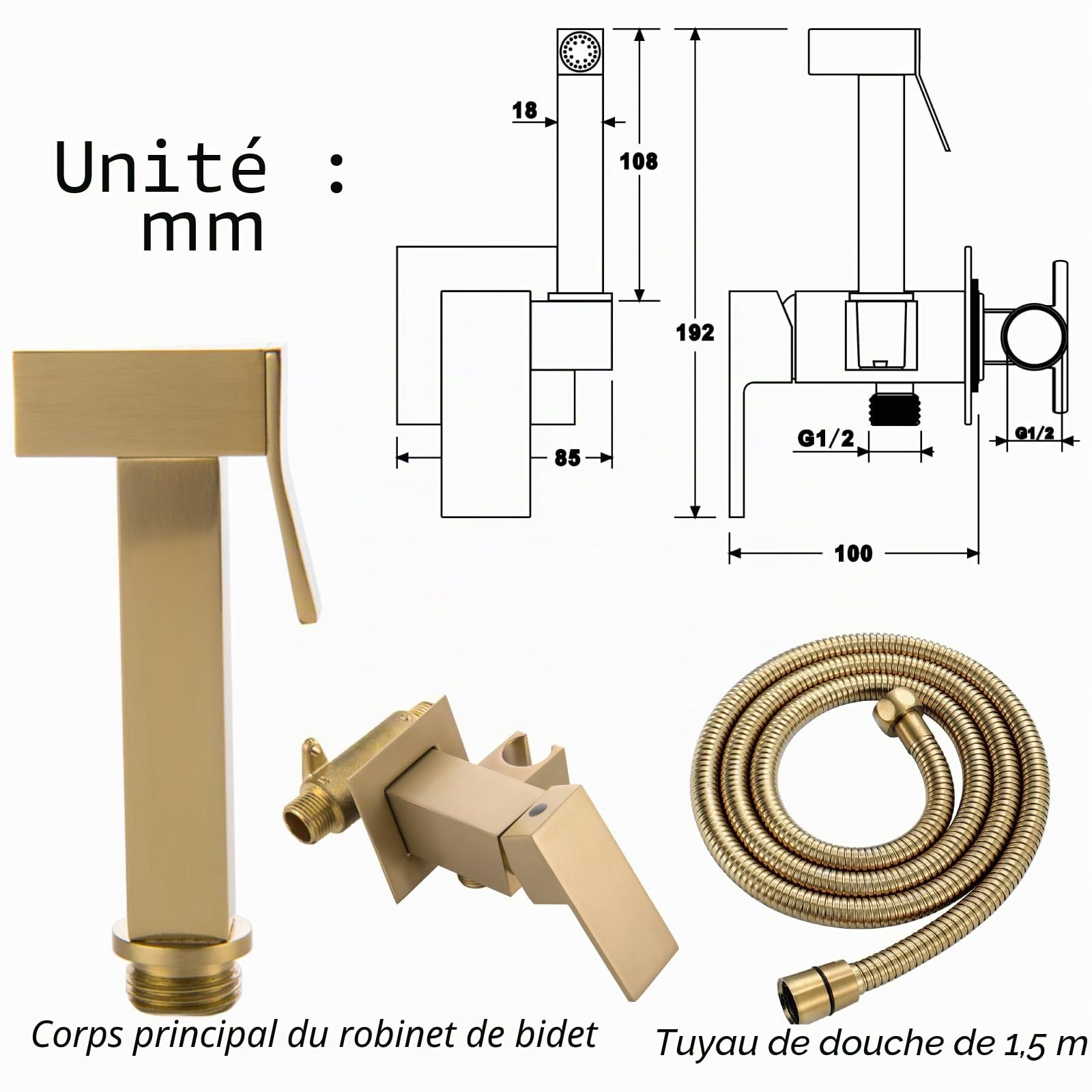 ESOP Kit Douchette WC, Laiton Douchette Toilette WC Mural Pulvérisateur de Bidet Eau Froide et Eau Chaude Toilette Bidet Spray avec 1.5m Tuyau (Or Brossé)