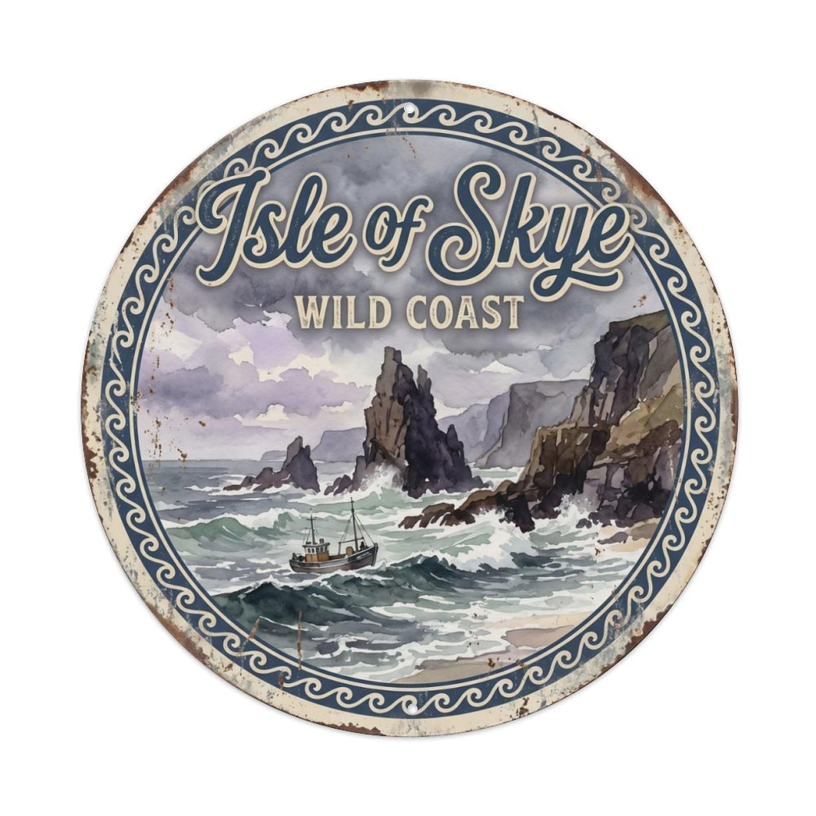 Gtthok Vintage Style-16 Vintage Travel Skye Coastal Scotland Metal Tin Sign Plaque Wall Decor For Cafe, Club, Garden Round Metal Poster 8X8inch