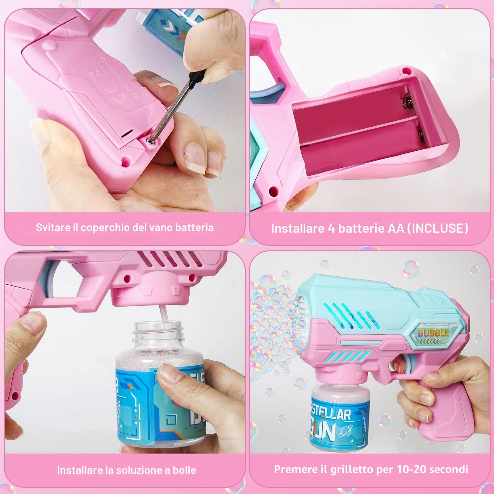 Pistola Bolle di Sapone, Sparabolle di Sapone - Set da 2 Pezzi - 20 Confezioni di Liquido per Bolle, Design a Colori con Giunzioni, con Luce LED, Completamente Automatico
