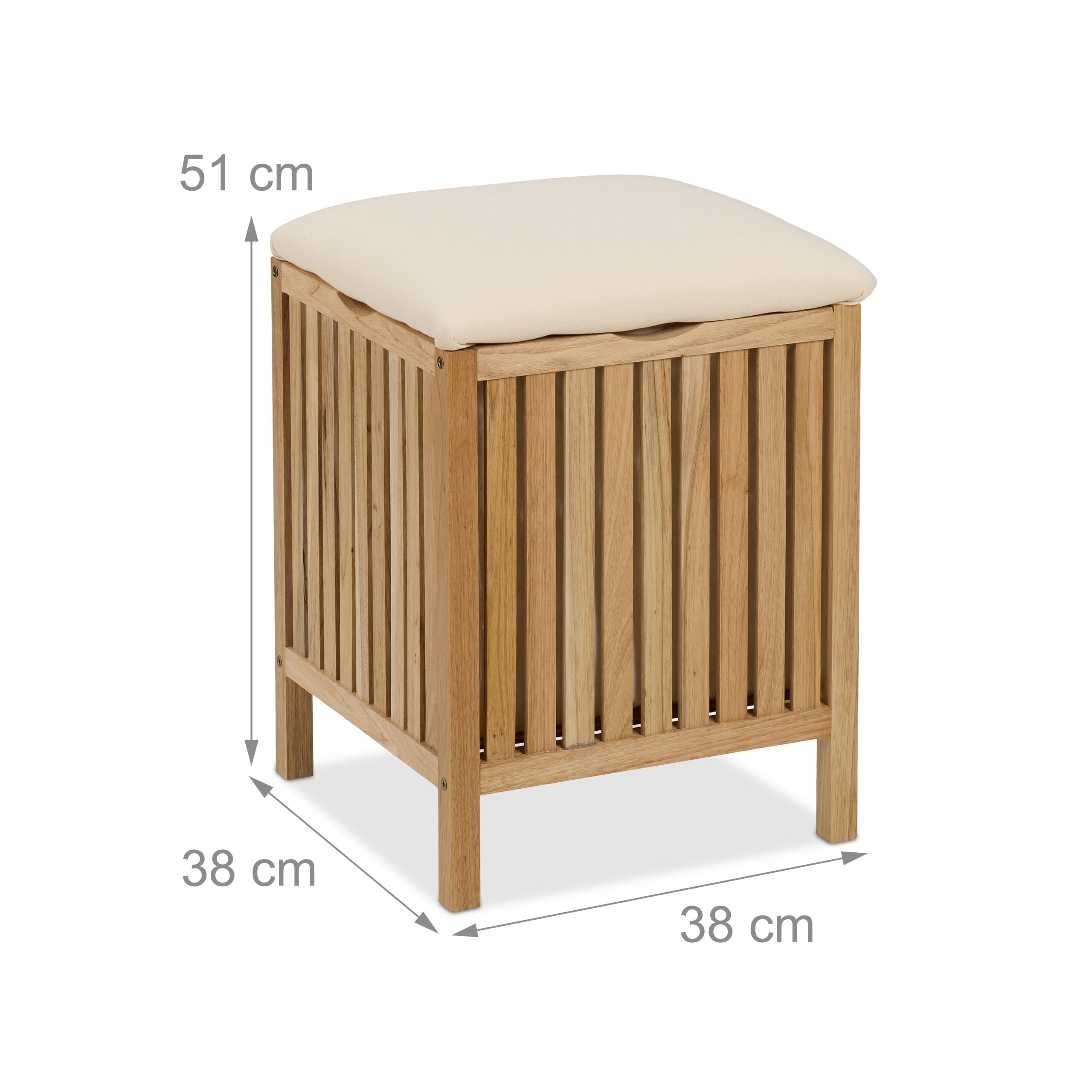 Relaxdays Wäschekorb mit Sitz, Badhocker mit Stauraum, 30 l Wäschesammler, HBT: 51 x 38 x 38 cm, Holz/Stoff, Natur/weiß