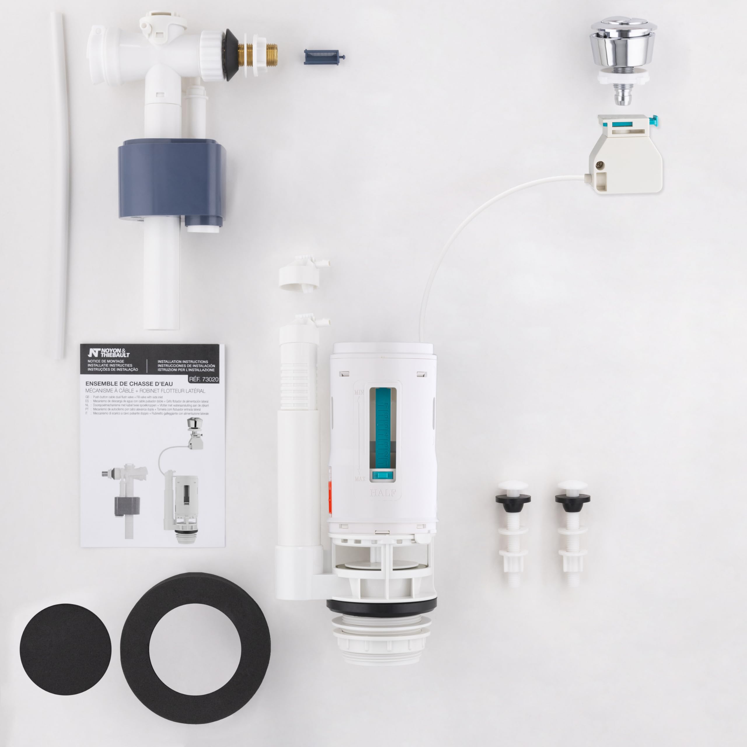 Conjunto de Descarga con Válvula Flotadora + Mecanismo de Inodoro con Cable y Botón Pulsador 3/6 L | Ahorro de Agua | Compatible con Cisternas | NOYON & THIEBAULT
