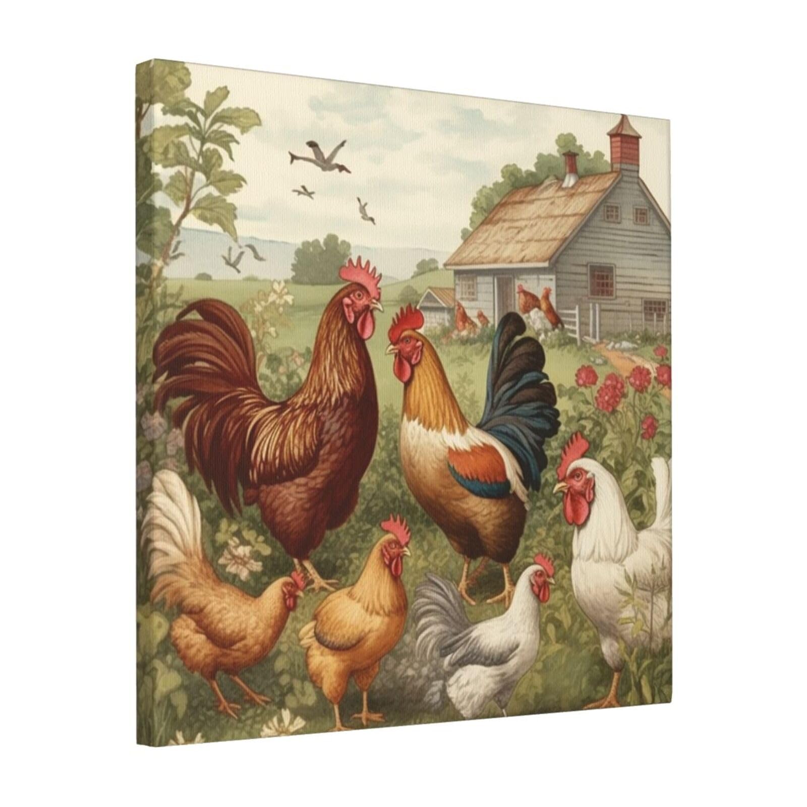 KLOPH Chickens and Farm Canvas Wall Art for Living Room 16"x16" Modern Artwork Painting for Bathroom Hanging Canvas Prints Aesthetic Wallart for Bedroom Kitchen Office Wall Decor