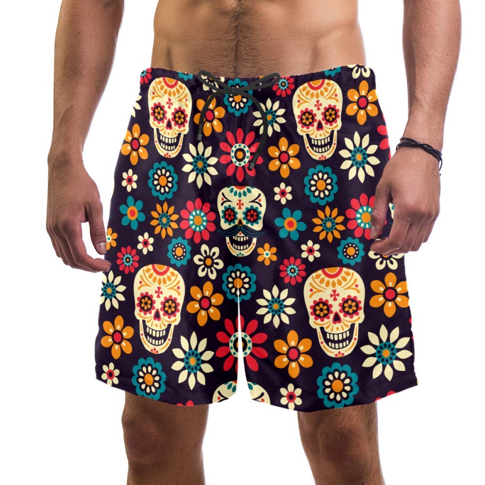 Eslifey Man Beach Shorts Day of The Dead Sugar Skulls and Flowers Swim Trunks Elastic Swimsuit Board Shorts for Men,S