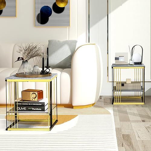 Miniatura 9 de GOFLAME Mesa auxiliar auxiliar, mesita de noche cuadrada de 2 niveles con marco de metal, estante extraíble, mesa de centro de centro para sala de