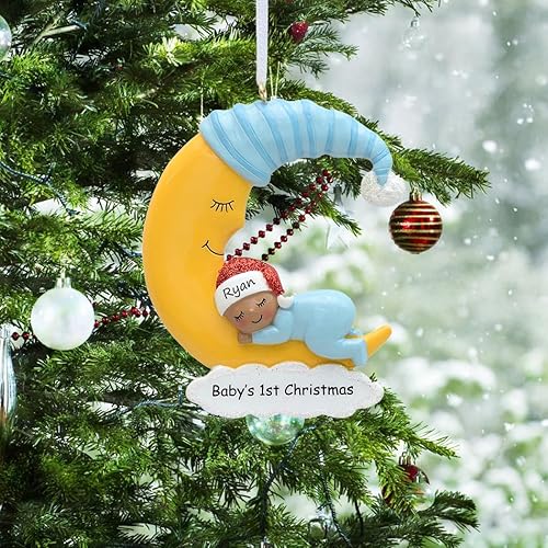 Baby's 1st Christmas Personalized Ornament - African American Baby Boy Sleeping on Moon - Young Child Christmas Ornament - Keepsake Gifts for Newborn Infant Toddler First Xmas(Blue+dark Skin,CUSTOMIZE IT Yourself)