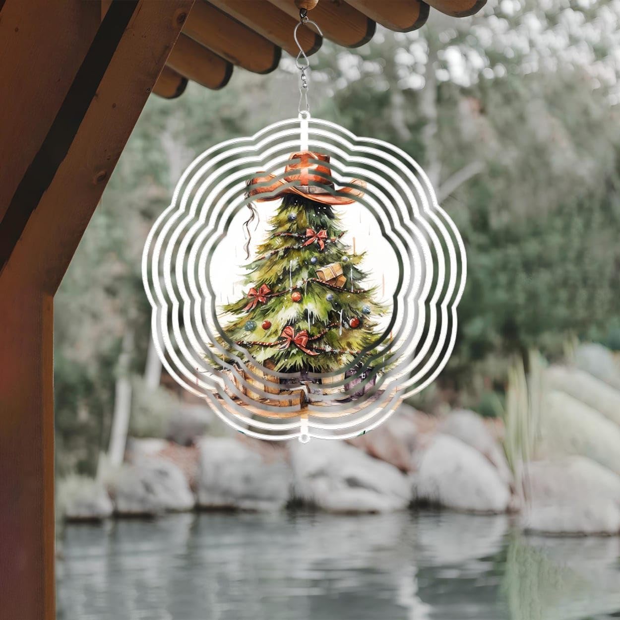 Christmas Tree Cowboy Hat Christmas Wind Spinners 3D Stainless Steel Laser Cut Metal Double Sided Printing-Hanging Indoor/Outdoor Decorations Yard Gardening Decor,Metal Kinetic Art 16x16 inches