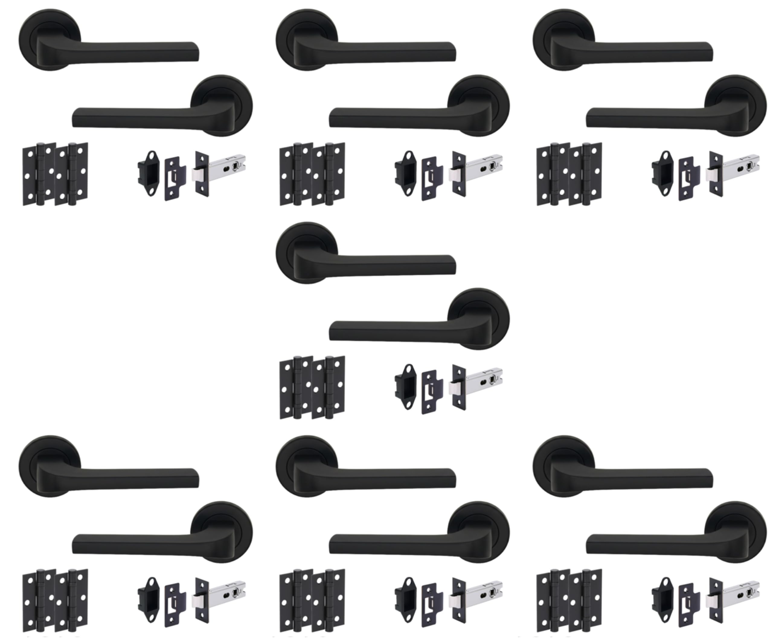 Hunta HANDLEZONE® Vento Matt Black Internal Door Handle Pack - 7 Pack - Lever on Rose Set - 76mm Tubular Latch (57mm Backset) & 2 Ball Bearing Hinges - Passage for Internal Wooden Doors