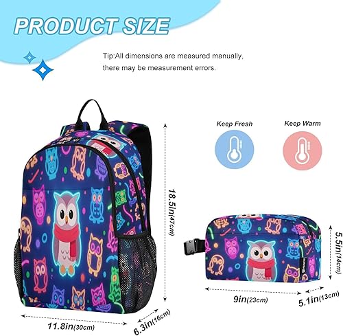 Miniatura 2 de Neon Owl Colorful Dark Blue Book Bags Para Niños Con Bolsa De Almuerzo Mochila Escolar Niños Con Lonchera 9-10 años mochilas y loncheras escolares