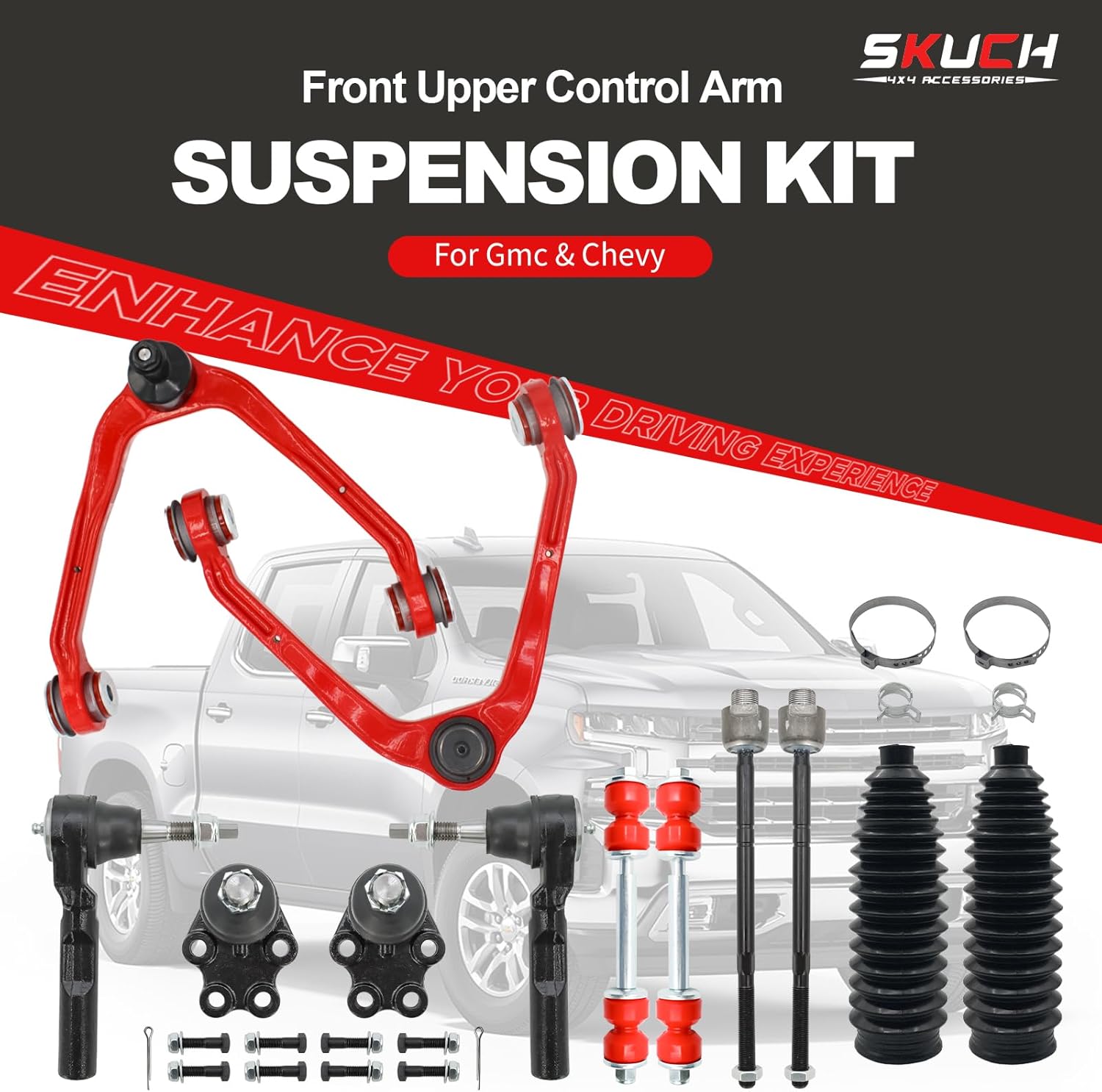 12pc RWD Front End Upper Control Arm Suspension Kit for 1999-2006 Chevy Silverado GMC Sierra 1500, Upgraded PU Bushings, Lower Ball Joints, Tie Rod Ends, Sway Bar Links & Boots