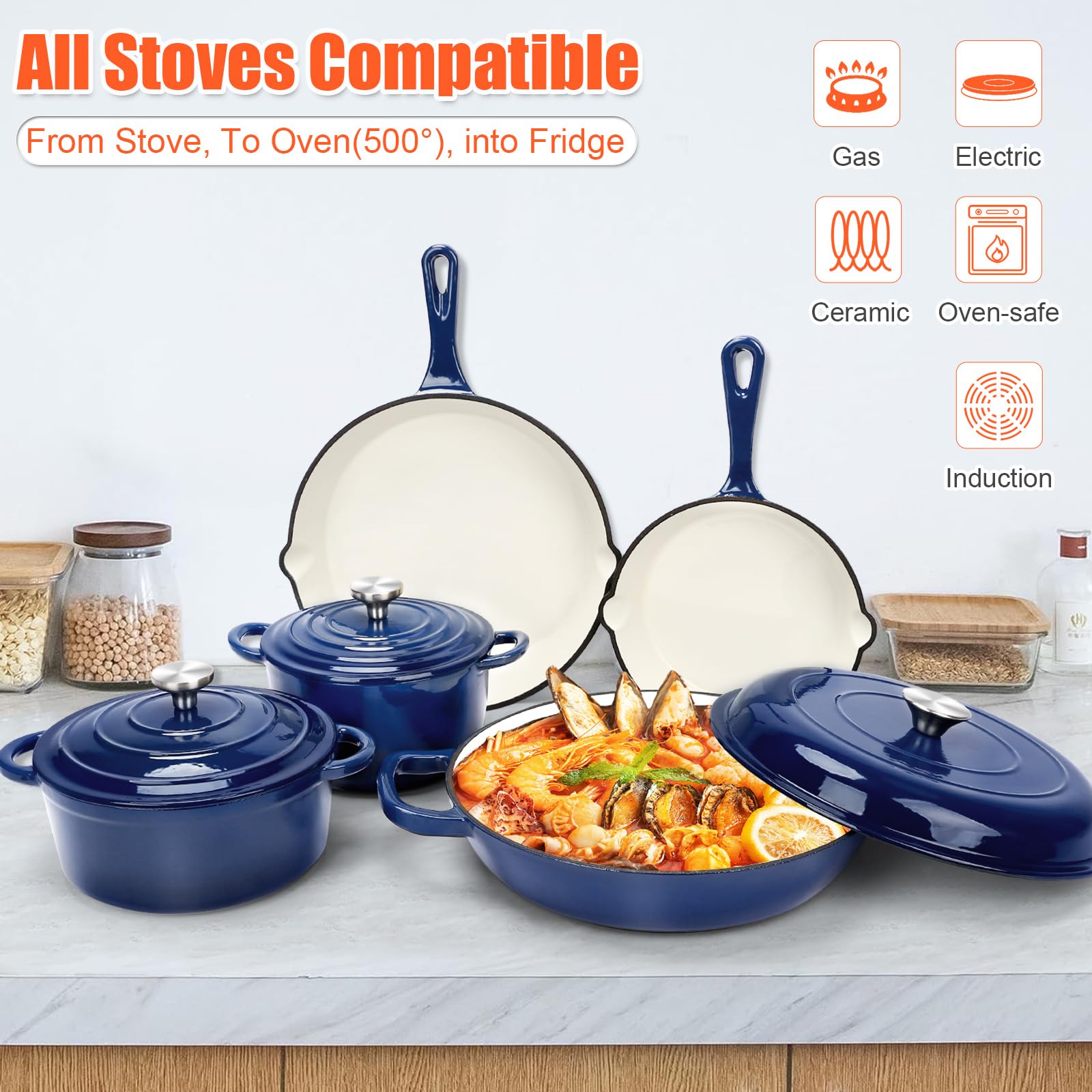 GFTIME Antihaft Emaille Gusseisen Kochgeschirr Set, 8 teiliges Töpfe und Pfannen mit Deckel, Bratpfanne, Schmortopf, Soßentopf, Runder Dutch Oven für Brotbacken auf allen Herdarten, Marineblau