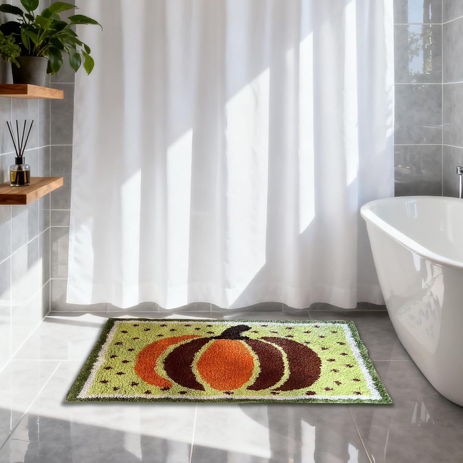 Pumpkin Bath Mat,Bathroom Rugs,Non-Slip Bathroom Rugs,Fall Rug,Home Decor,Green Bath Mat,Machine Washable Bath Rug for Shower Bedroom and Living Room 23.6" X31.5 (Green)
