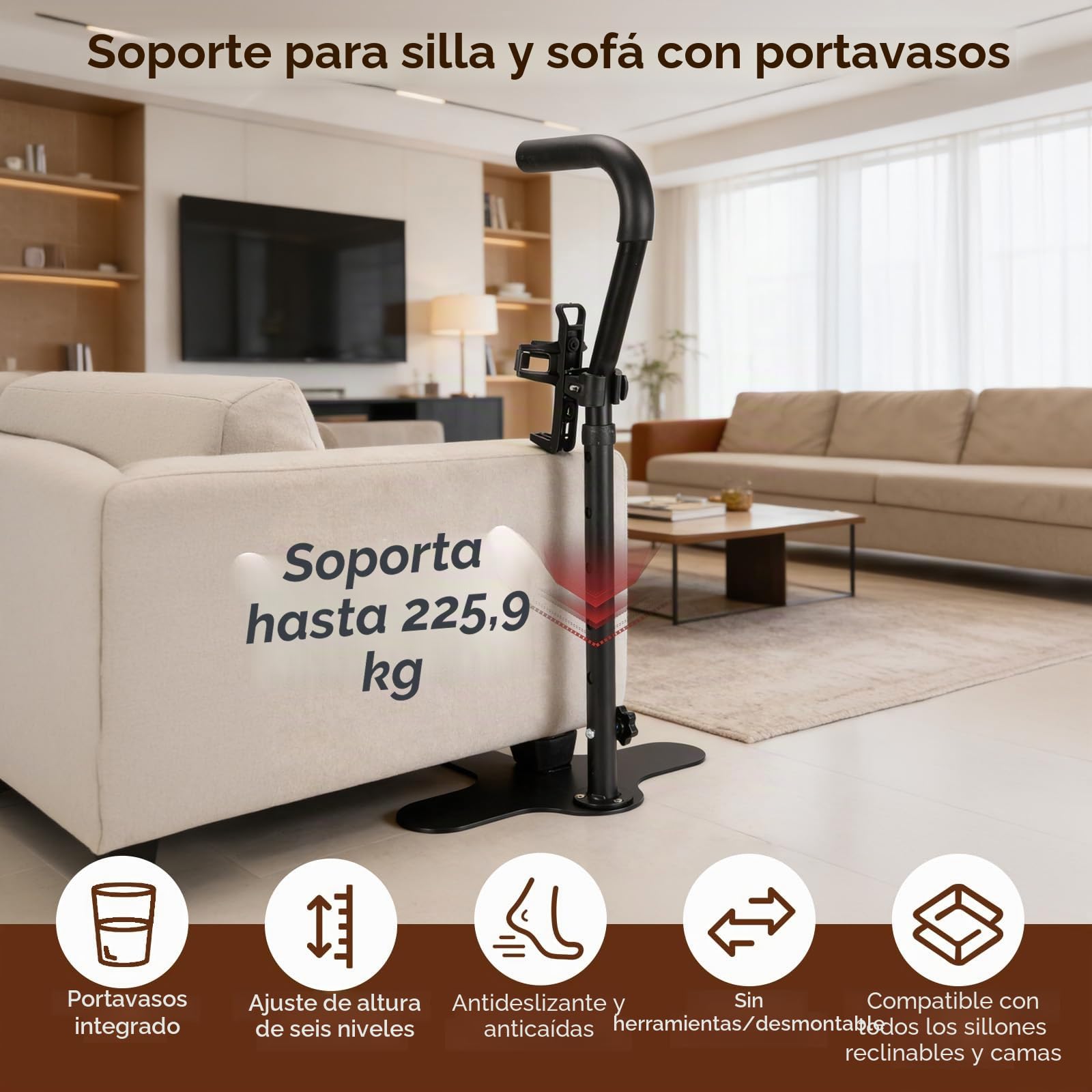 Ayuda Para Levantarse, Ayuda Para Levantarse En Sofá Con Escalera Seguridad Y Barra Apoyo Con Portavasos Altura Ajustable (62-87 Cm) Para SofáS Y Sillas Asistencia a Personas con Discapacidad