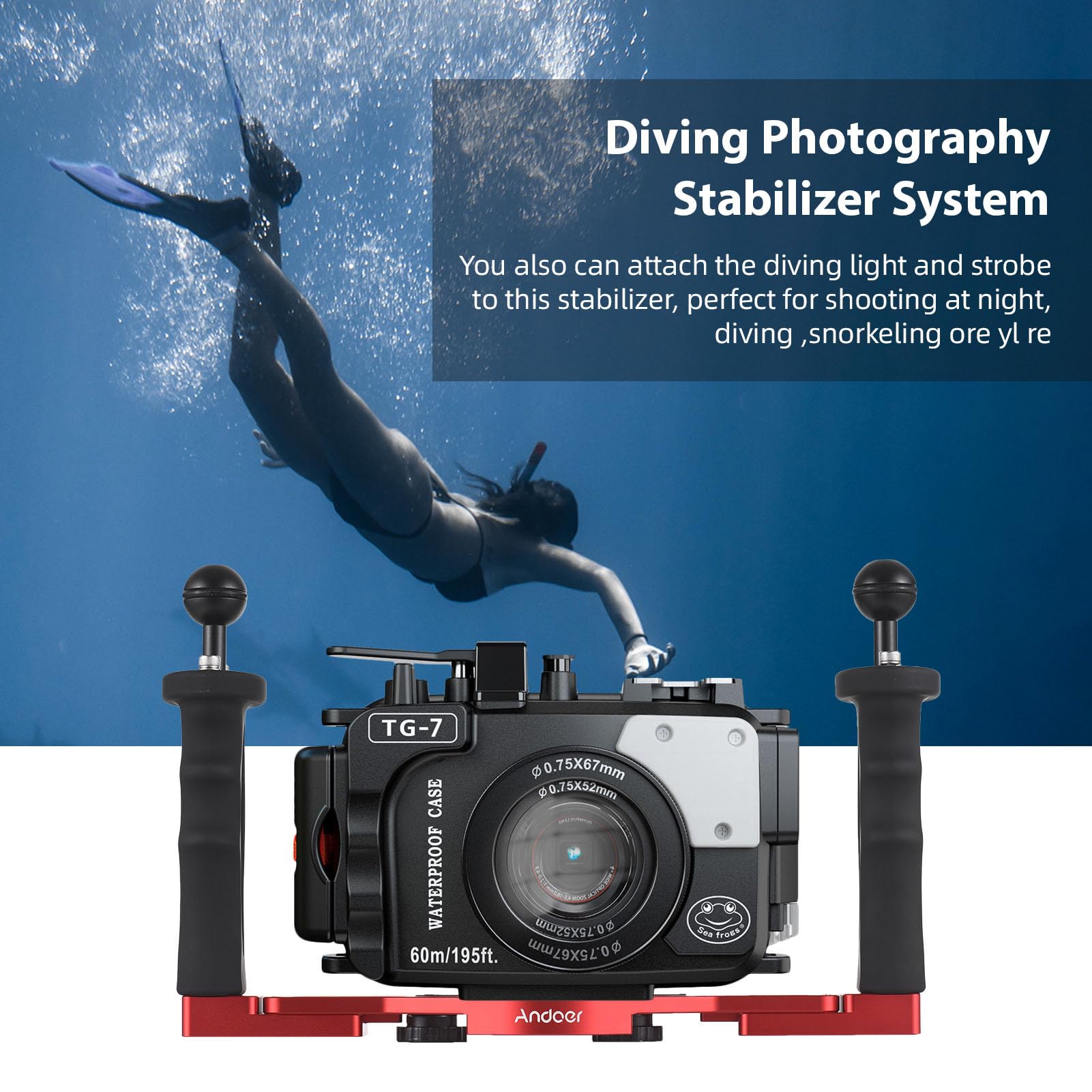 Dual-Griff-Kamera-Tauchgerät, Unterwasser-Tray-Stabilisator aus Aluminiumlegierung mit Einstellbarer Griffposition und Erweiterbarem Dual-Kugelkopf, für DSLR-Kamera