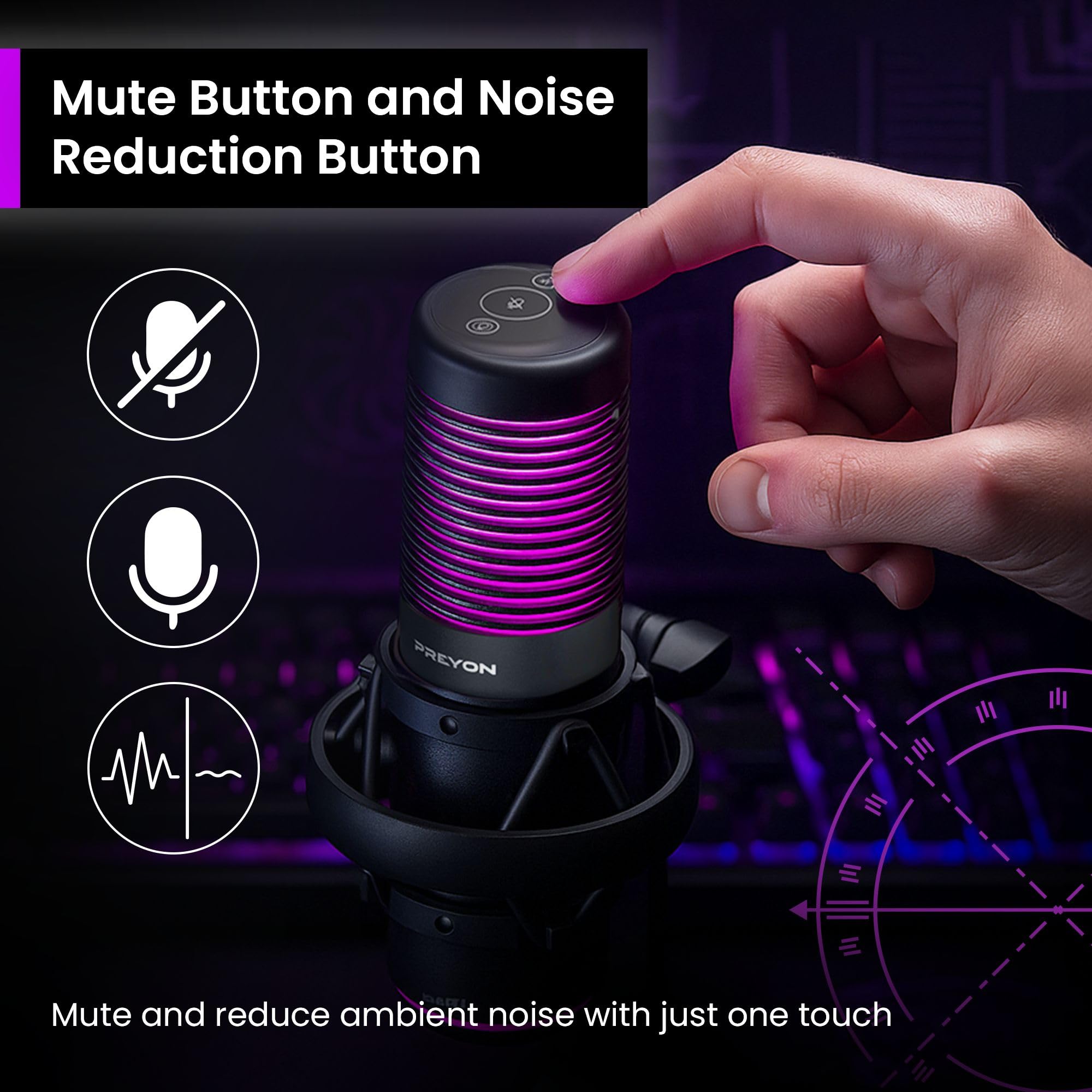 PREYON Microfono PC Gaming RGB USB per Video Social Podcast Condensatore Professionale Streaming con Asta Asmr - Laptop Cantare Registrare Canzoni Micro con Pulsante di Silenziamento – Nero