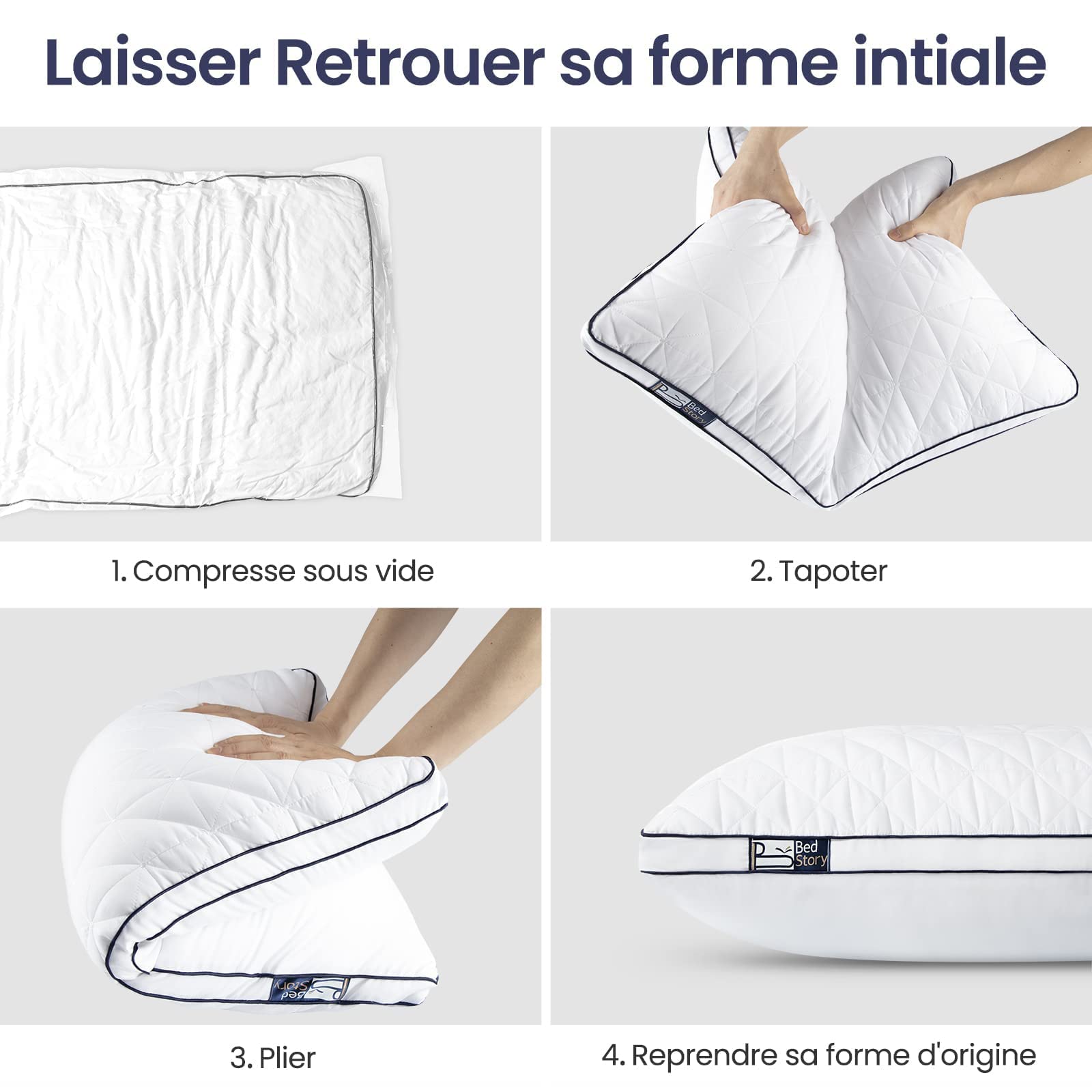 BedStory Oreiller 60x60 Lot de 2, Anti-Acariens à Faible Garnissage Microfibre Hypoallergénique, Qualité Hôtel Moelleux et Respirant, Convient Allongées sur Le Côté Dos Blanc