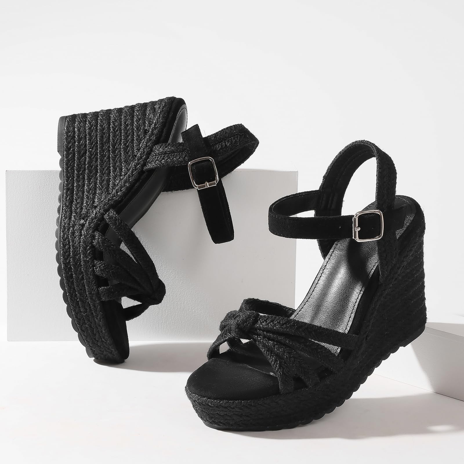 mikarka Sandals for Women 2026: Comfortable Wedge Platform Sandals Women - Braided Espadrilles for Women Ankle Strap Open Toe Wedges Heels Beach Sandals Summer Shoes: 6 366-2black
