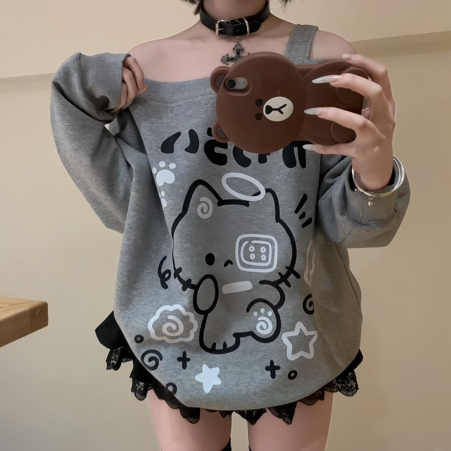 Y2K Off Shoulder Kawaii Cute Graphic Sweatshirt Casual Long Sleeves Hrajuku Tops Cat Print Pullover Sweatshirts - Image 5