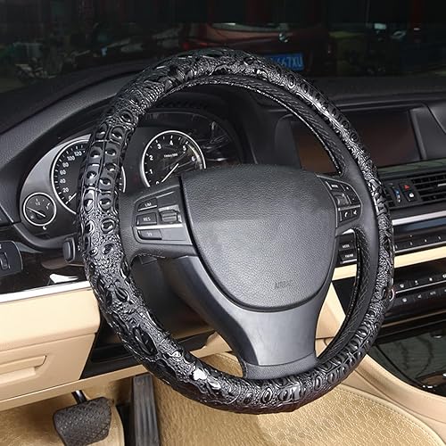 funda para volante de auto de cuero de confort, antideslizante, de 15 pulgadas, color cocodrilo negro con grano de rosa