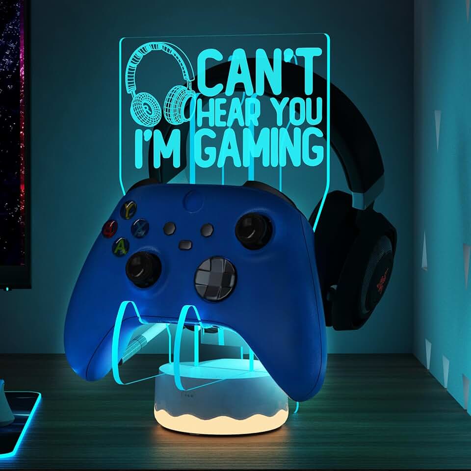 CoolGift Mart Light Up Headset and Controller Stand, 16 Colors 3D LED Lights Gamepad Headphone Holder with Remote Control, Game Controller Hanger for All Universal Gaming PC Accessories